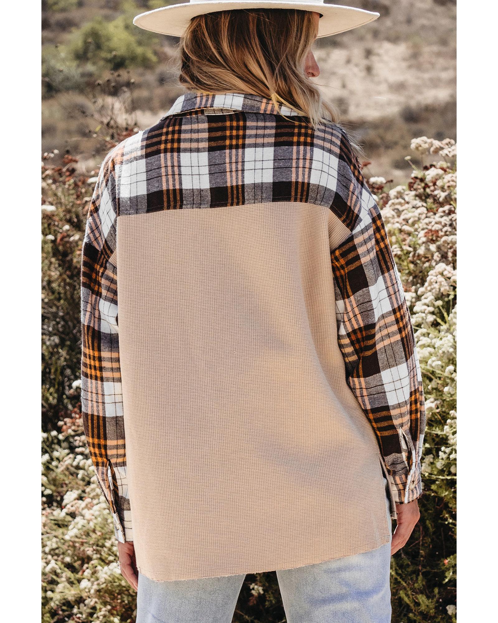 Khaki Thermal Knit Plaid Patchwork Shacket - S