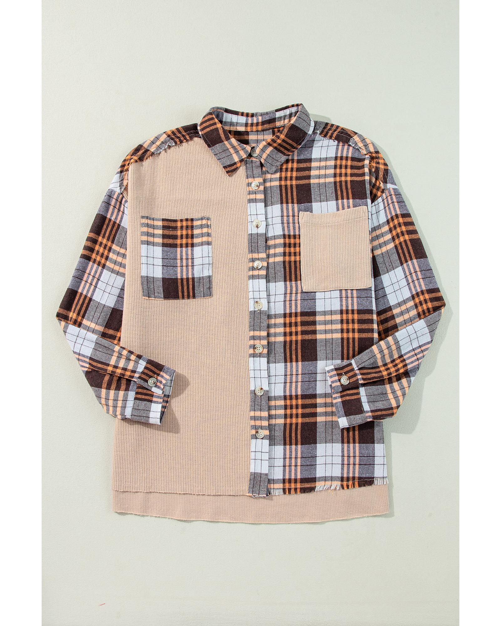 Khaki Thermal Knit Plaid Patchwork Shacket - S