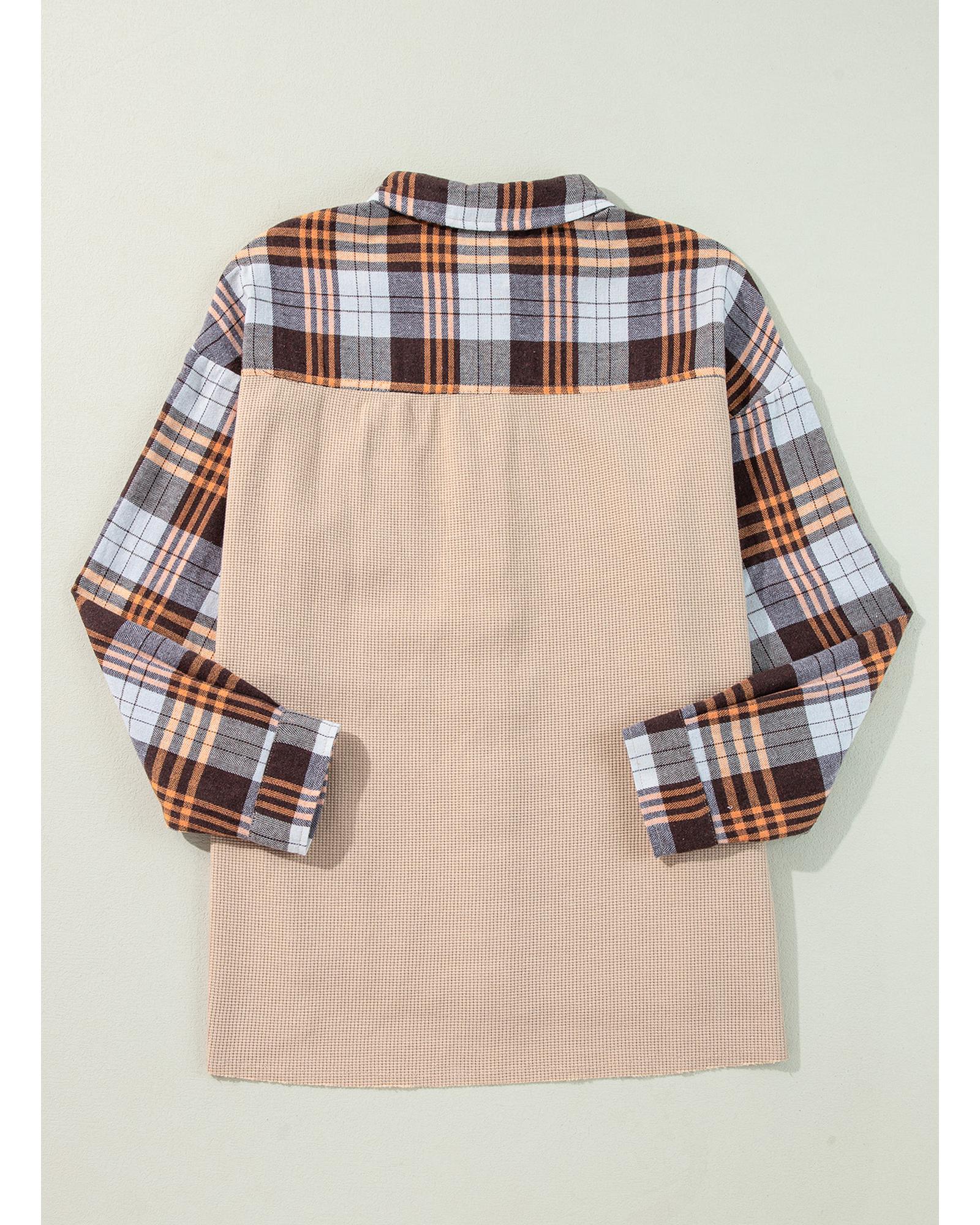 Khaki Thermal Knit Plaid Patchwork Shacket - XL