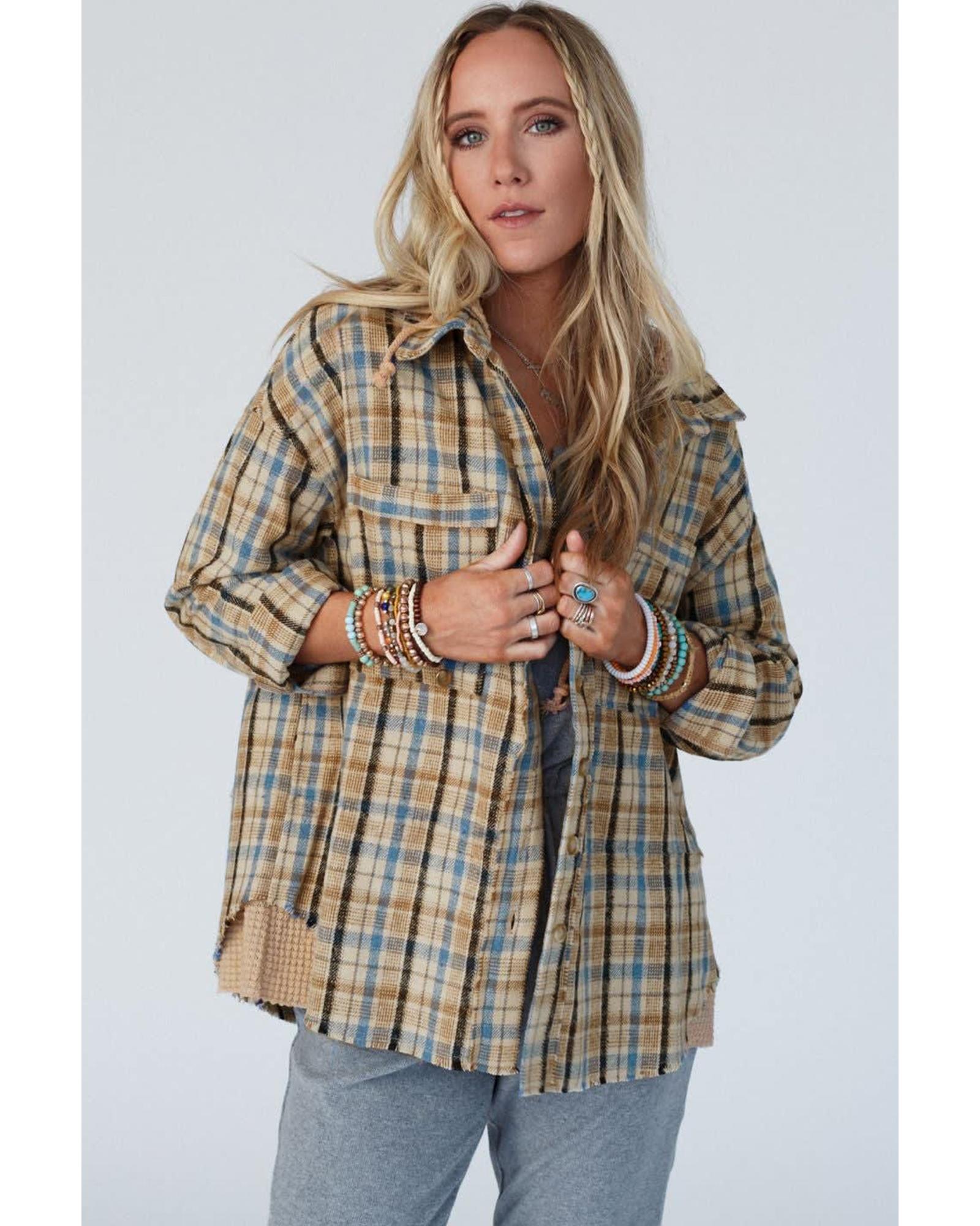 Ashleigh Blue Waffle Knit Patchwork Hooded Plaid Shacket - L
