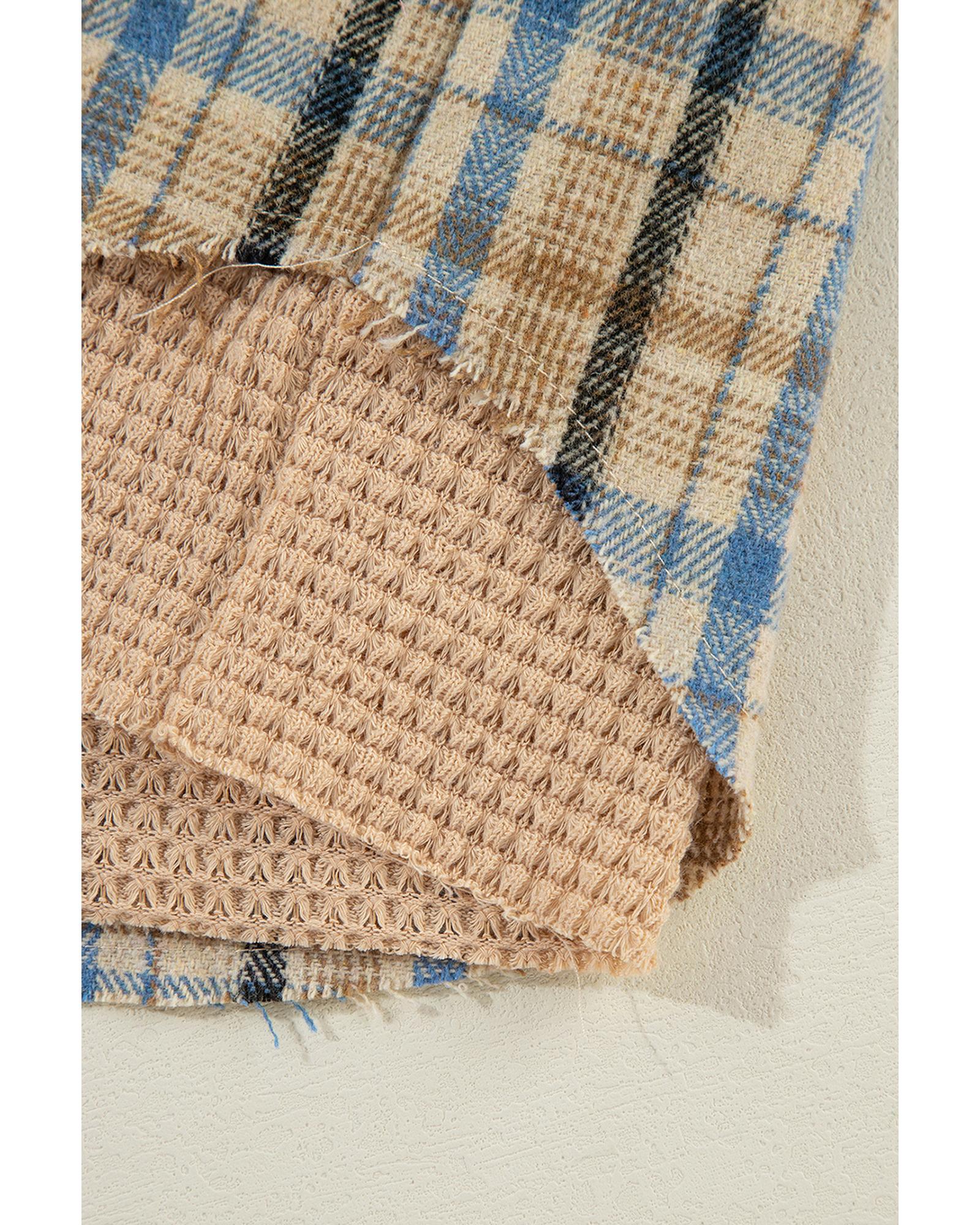 Ashleigh Blue Waffle Knit Patchwork Hooded Plaid Shacket - S