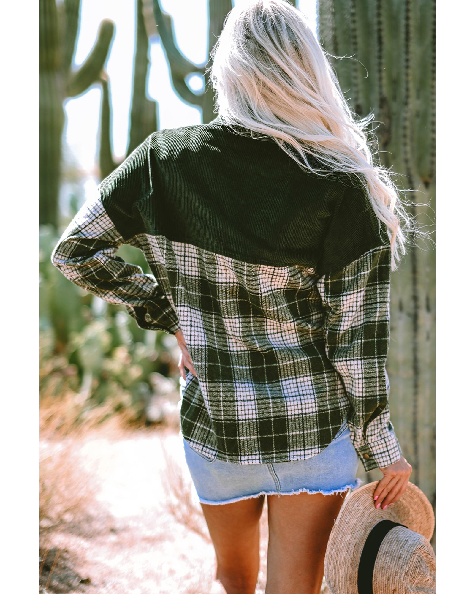 Blackish Green Snap Buttons Colorblock Plaid Shacket - L