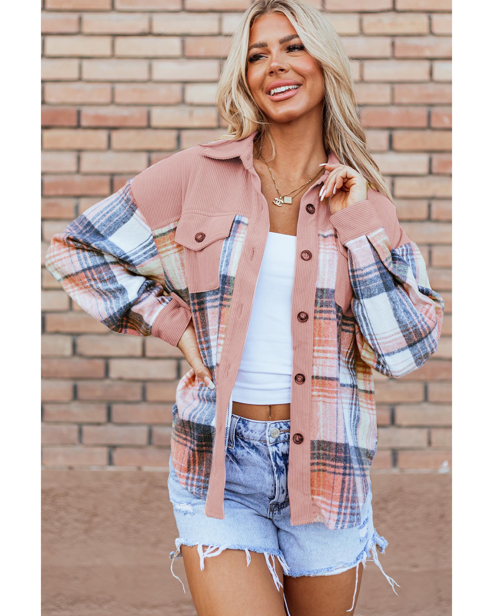 Light Pink Plaid Corduroy Patchwork Chest Pocket Shacket - XL