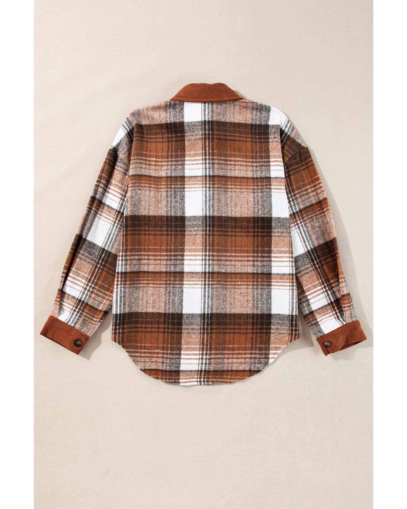 Cinnamon Plaid Corduroy Patchwork Chest Pocket Shacket - 2XL