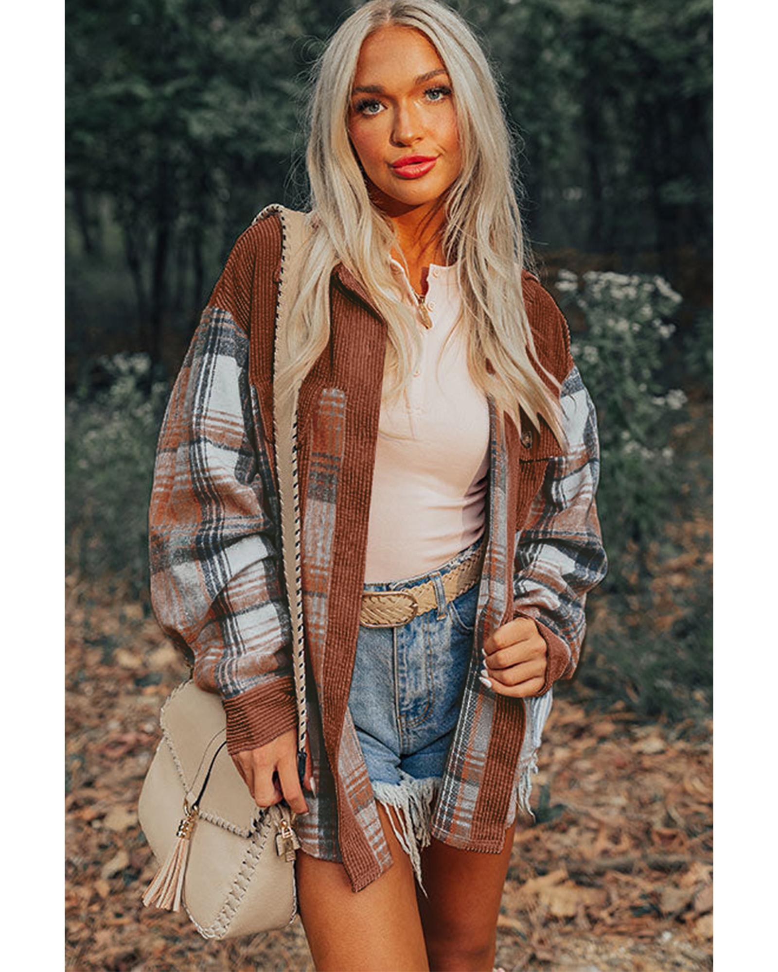 Cinnamon Plaid Corduroy Patchwork Chest Pocket Shacket - 2XL