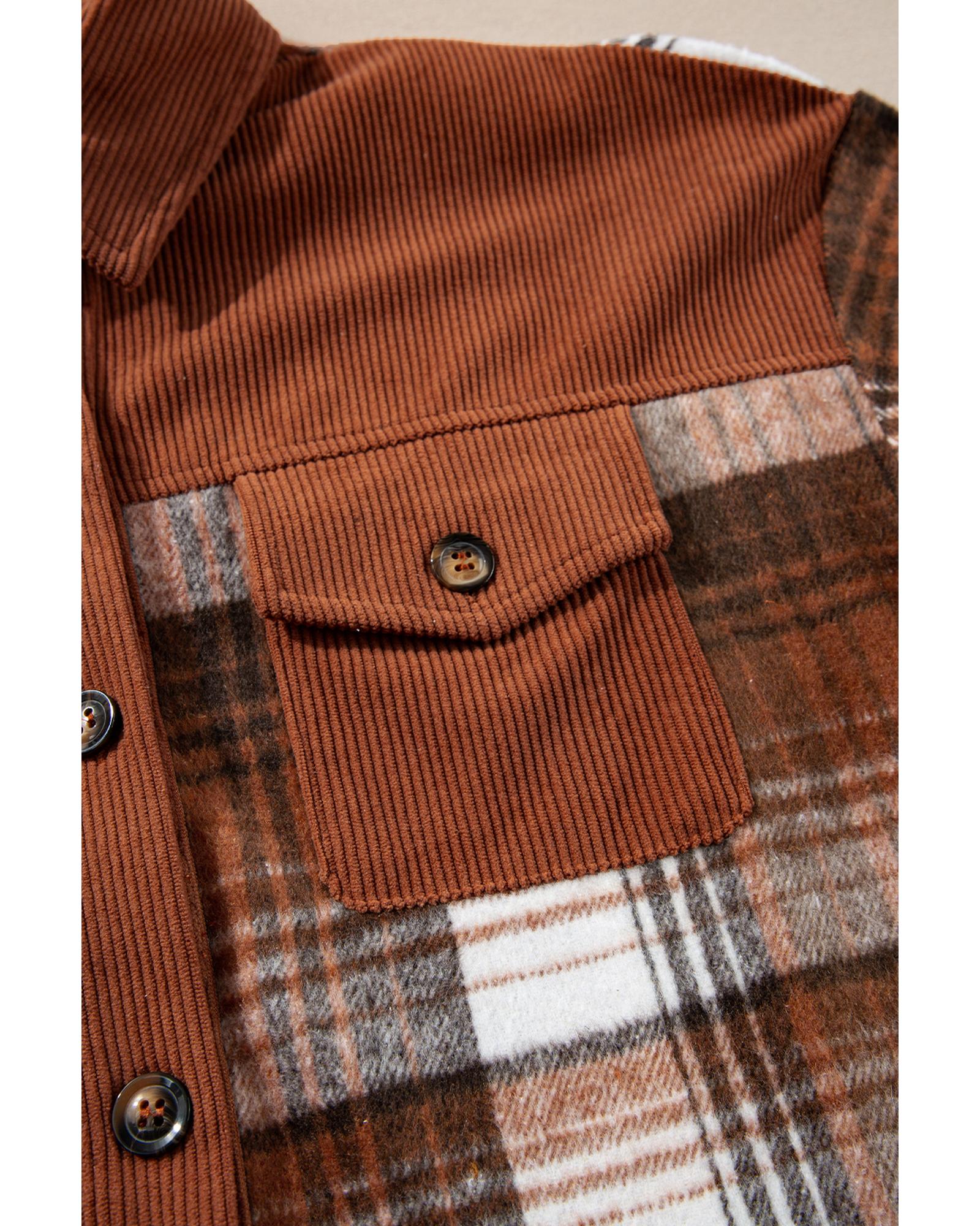 Cinnamon Plaid Corduroy Patchwork Chest Pocket Shacket - L
