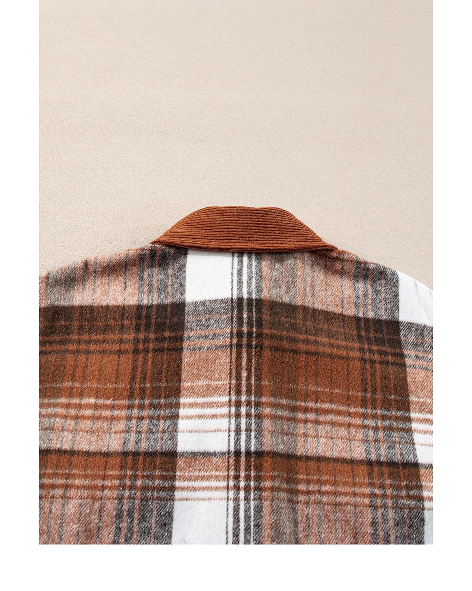 Cinnamon Plaid Corduroy Patchwork Chest Pocket Shacket - XL