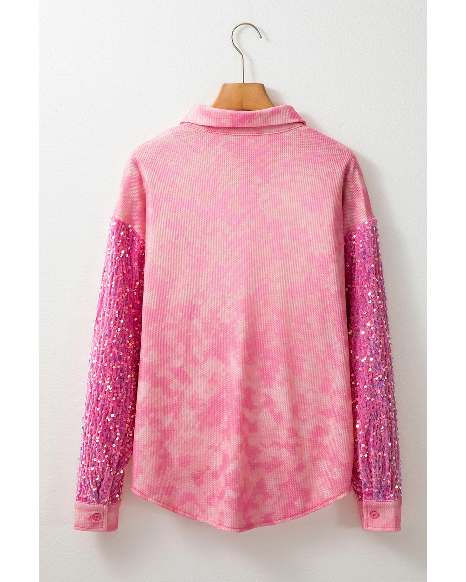 Apricot Pink Mineral Wash Sequin Patchwork Flap Pocket Shacket - M