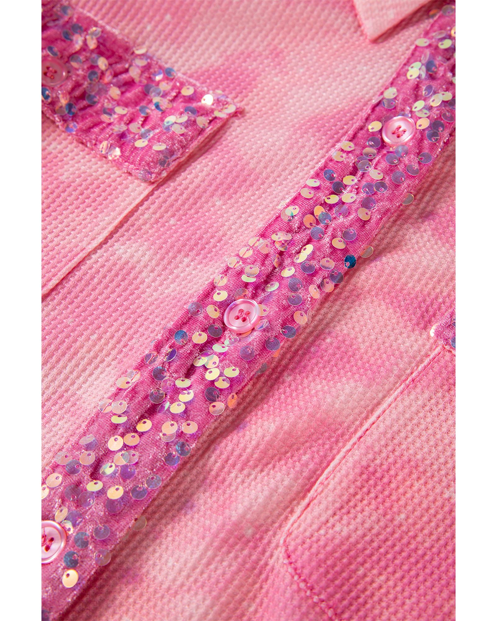 Apricot Pink Mineral Wash Sequin Patchwork Flap Pocket Shacket - M