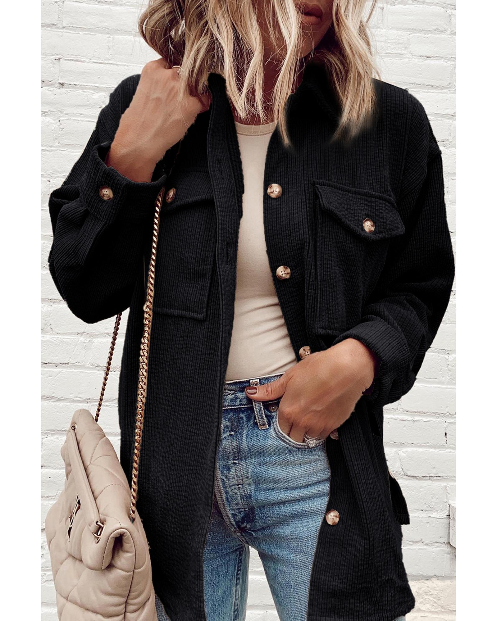 Black Corduroy Flap Pocket Button Up Shacket - M