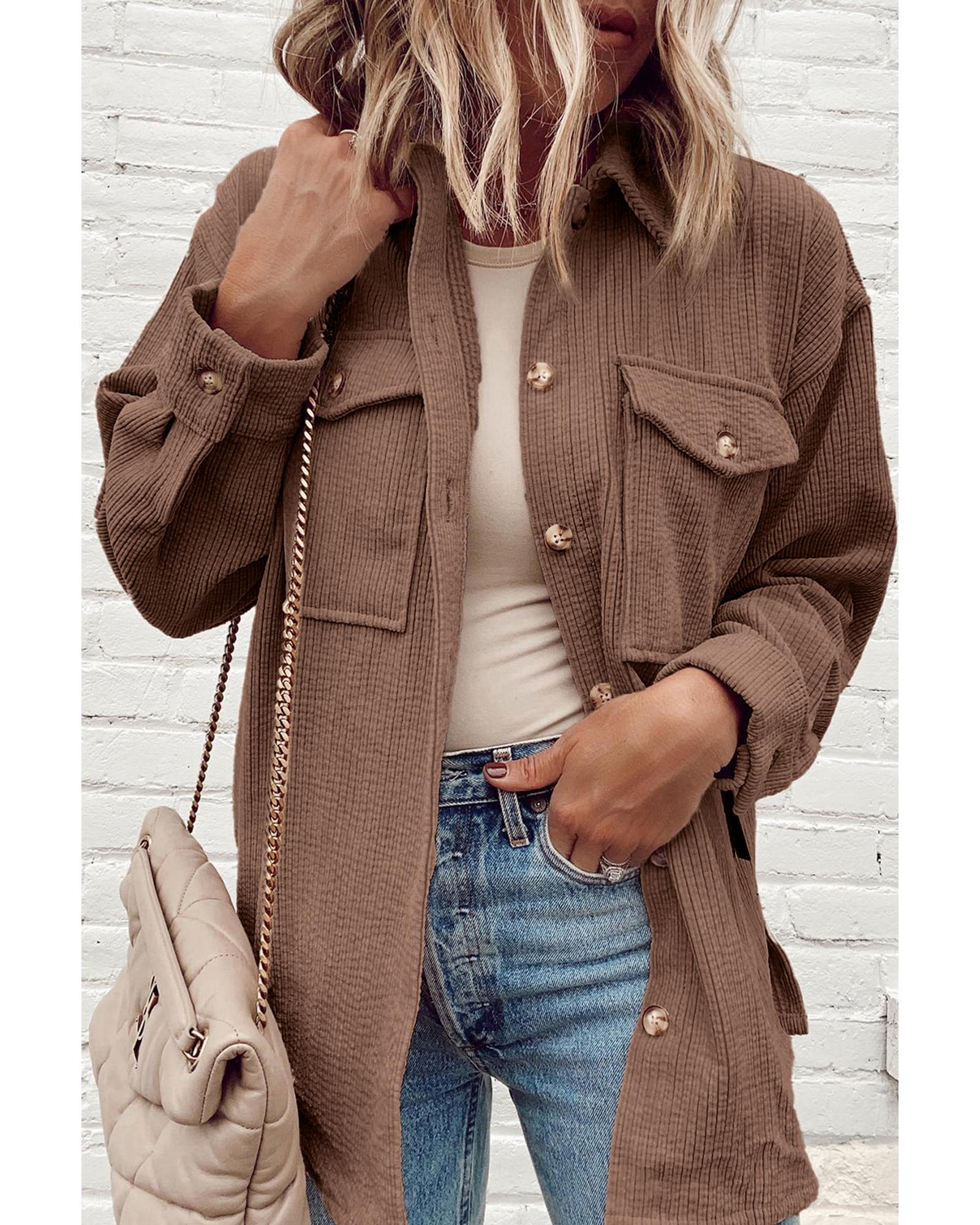 Chestnut Corduroy Flap Pocket Button Up Shacket - M