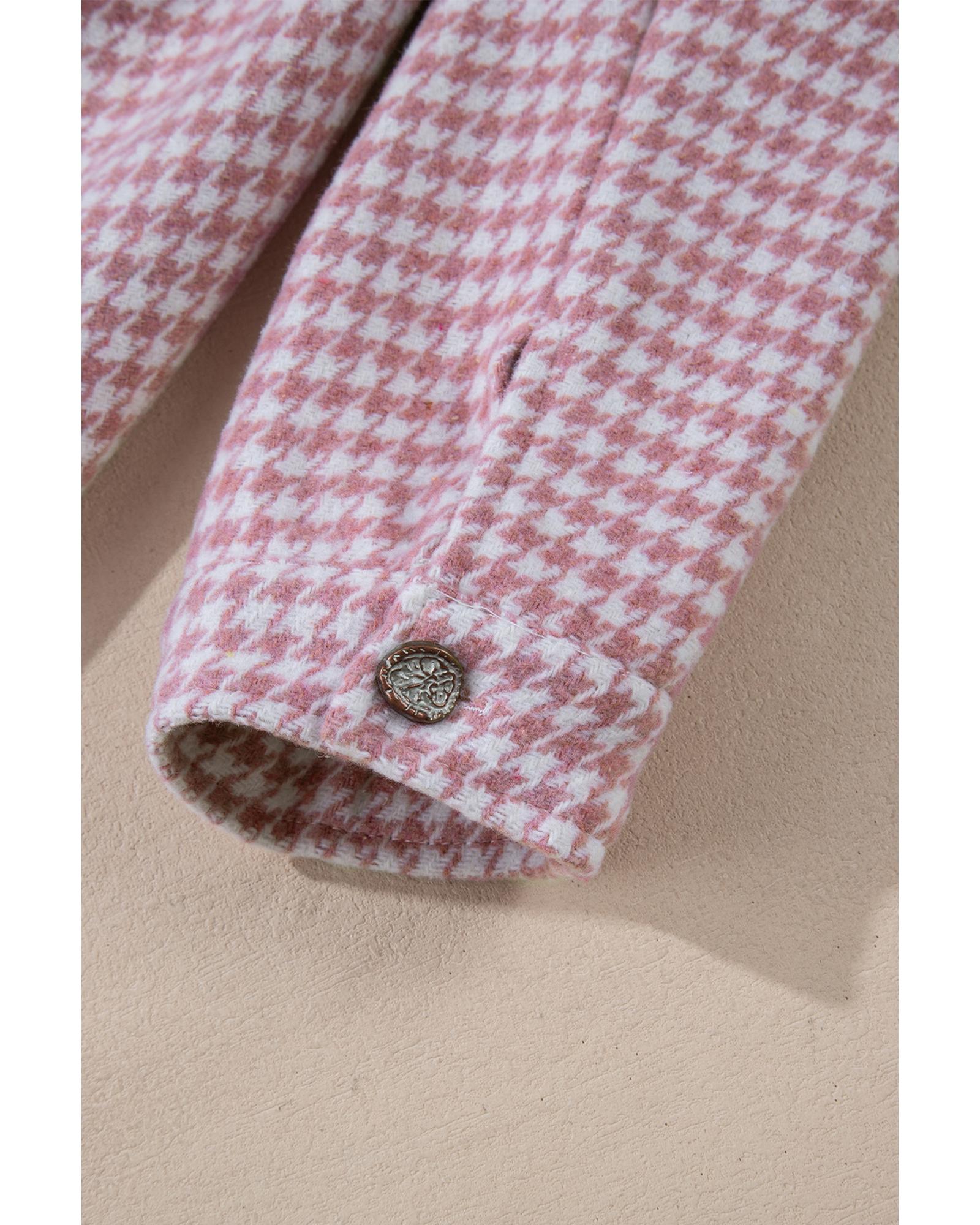 Pink Houndstooth Color Contrast Textured Patchwork Loose Shacket - L