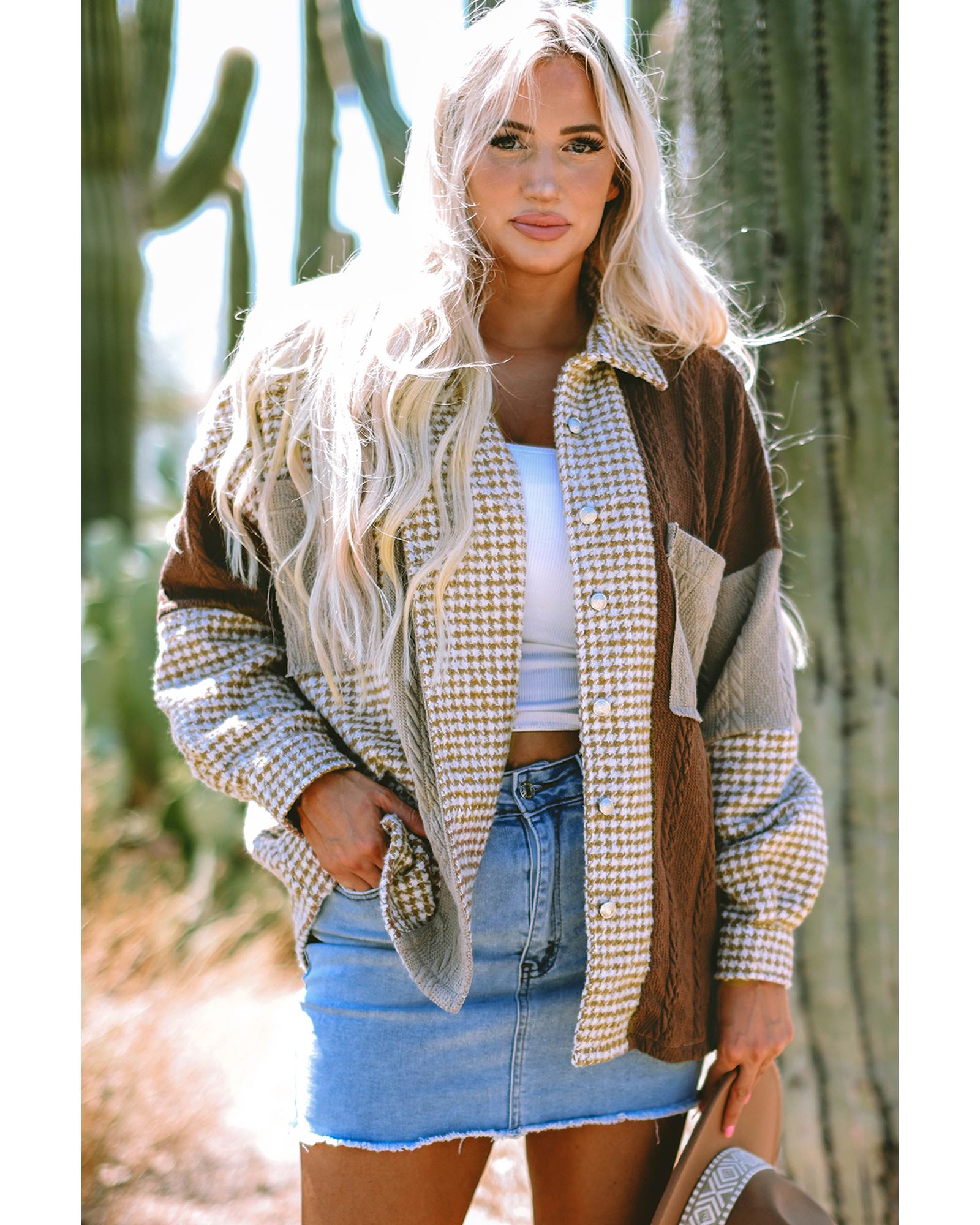 Khaki Houndstooth Color Contrast Textured Patchwork Loose Shacket - XL