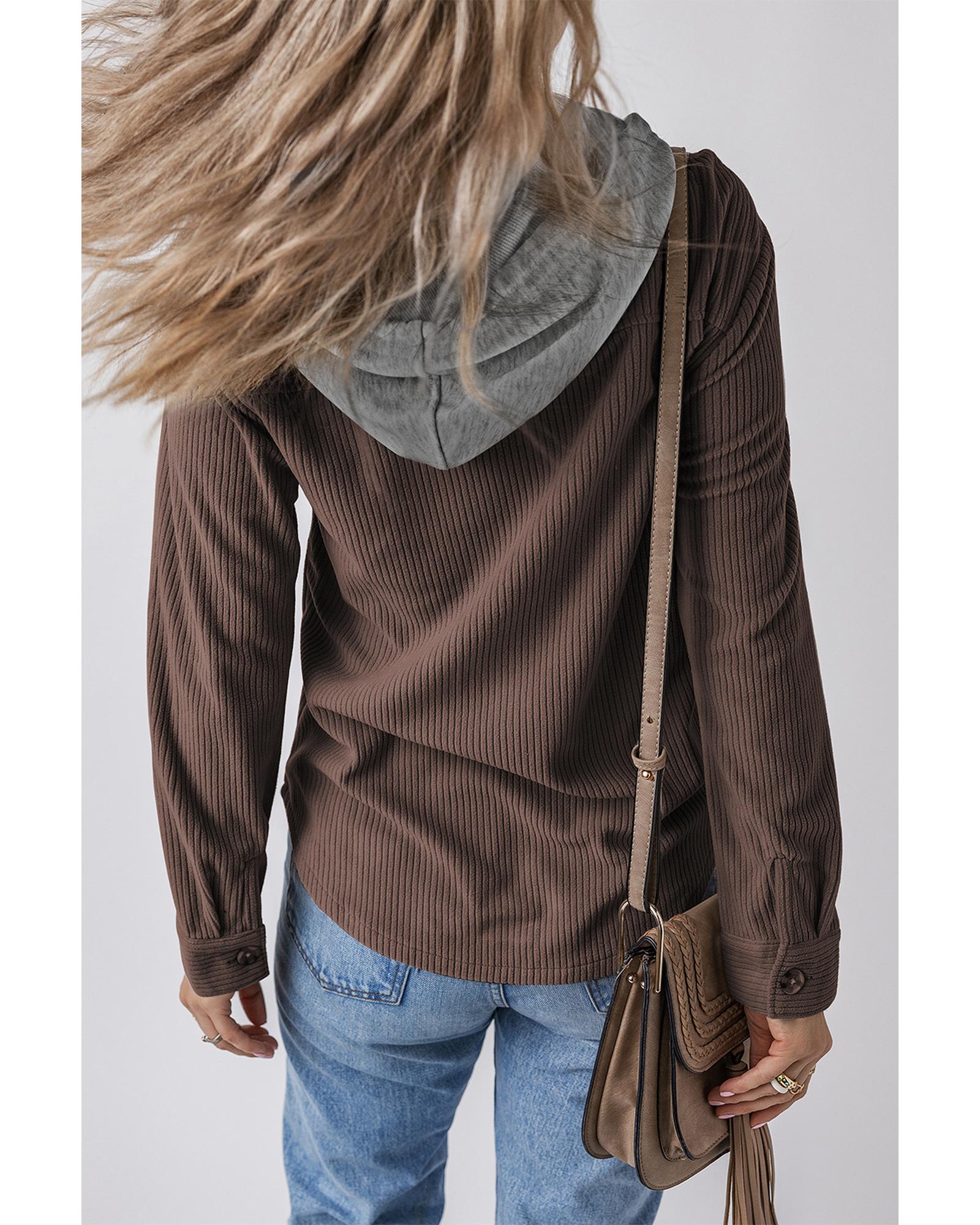 Coffee Hooded Drawstring Pockets Corduroy Shacket - M