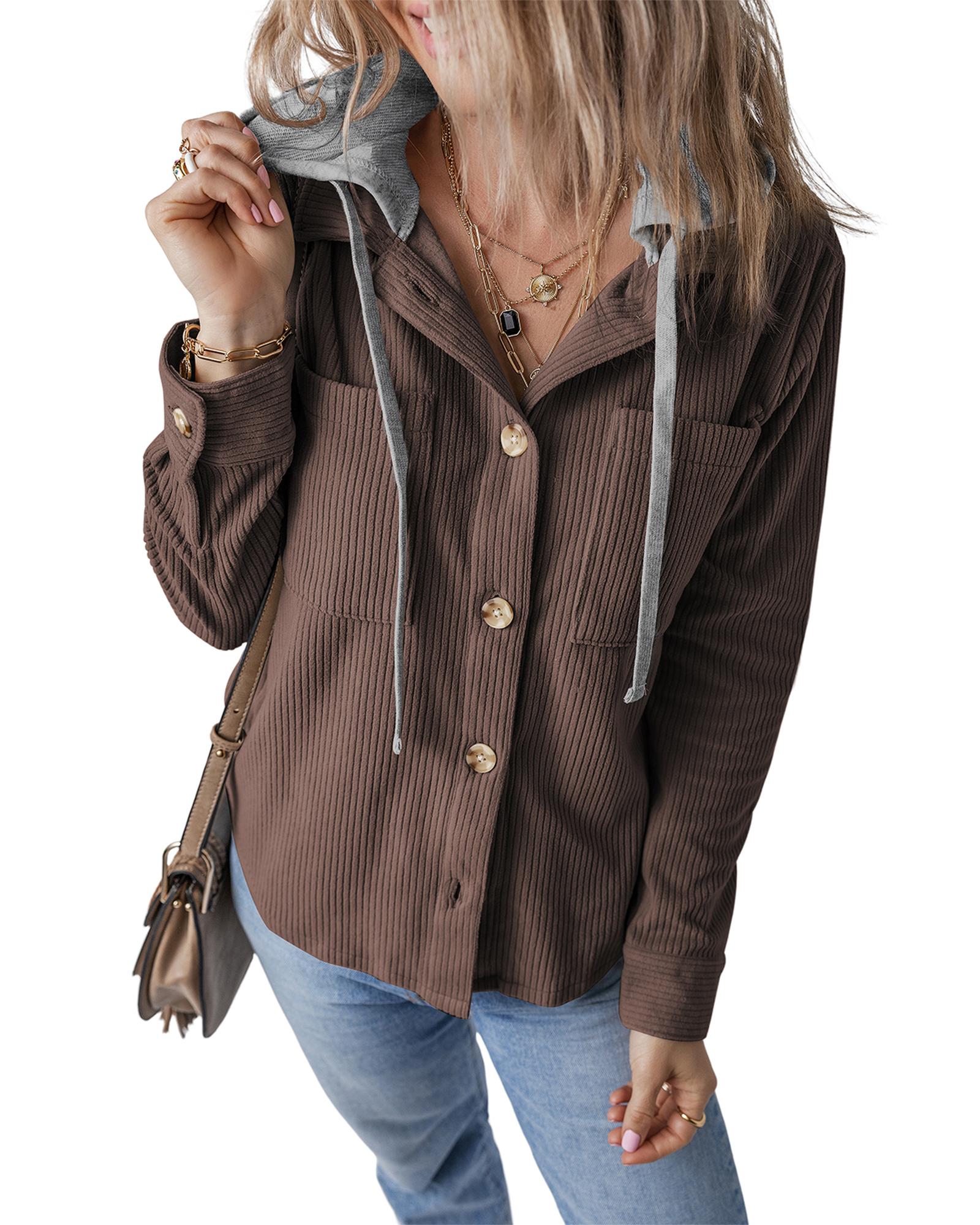 Coffee Hooded Drawstring Pockets Corduroy Shacket - M