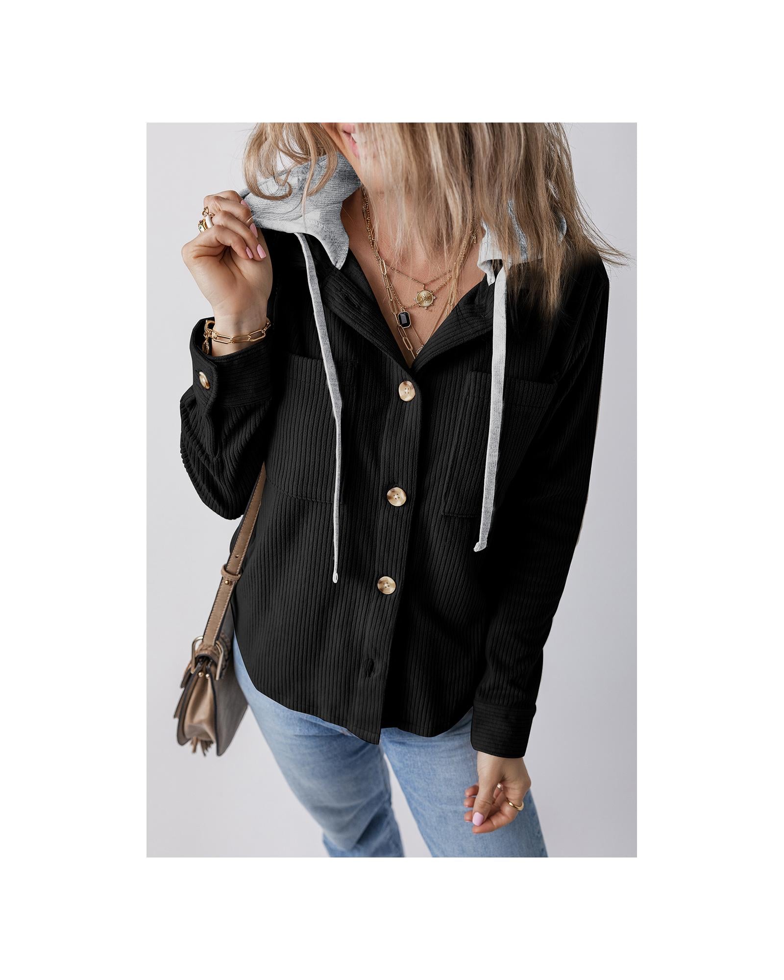 Black Hooded Drawstring Pockets Corduroy Shacket - 2XL