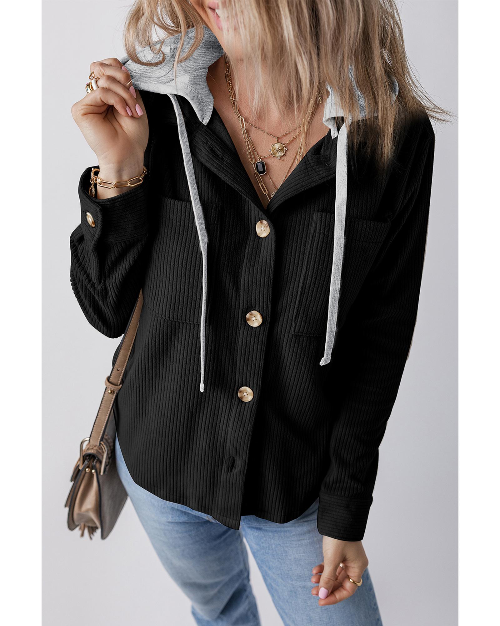 Black Hooded Drawstring Pockets Corduroy Shacket - M