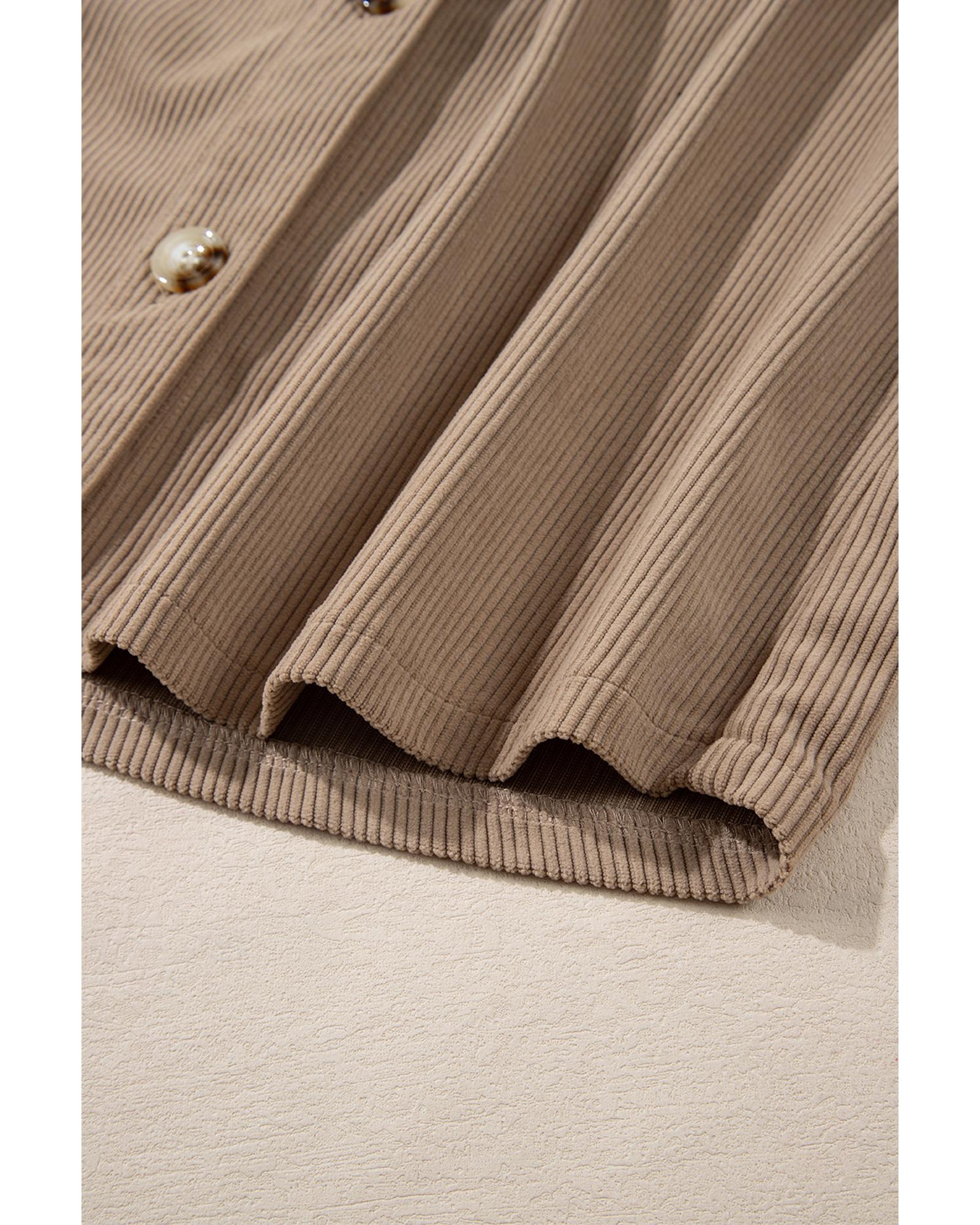 Pale Khaki Hooded Drawstring Pockets Corduroy Shacket - L