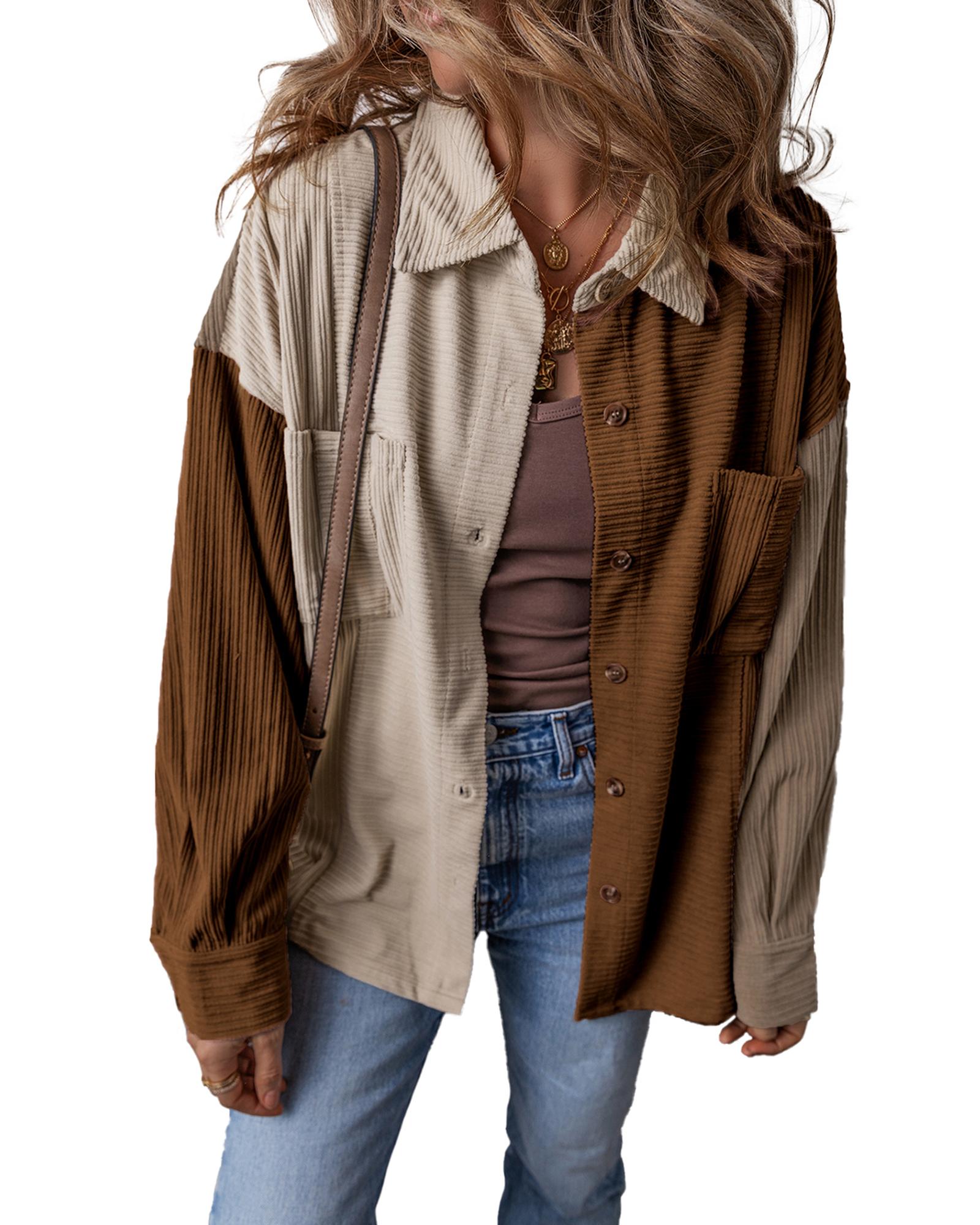 Brown Color Block Chest Pockets Buttoned Corduroy Shacket - S