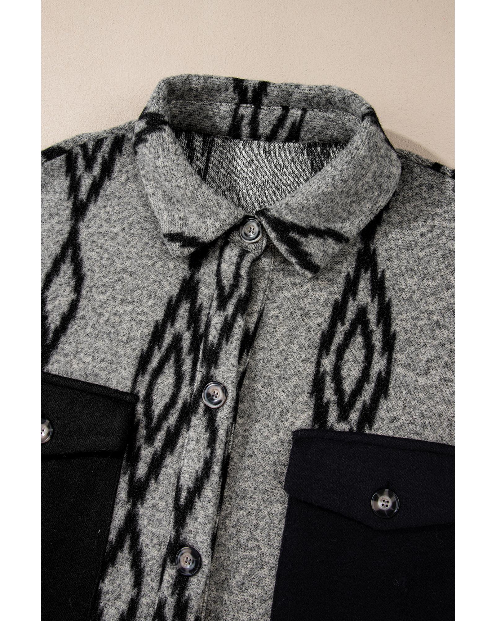 Gray Aztec Contrast Chest Pockets Loose Shacket - L