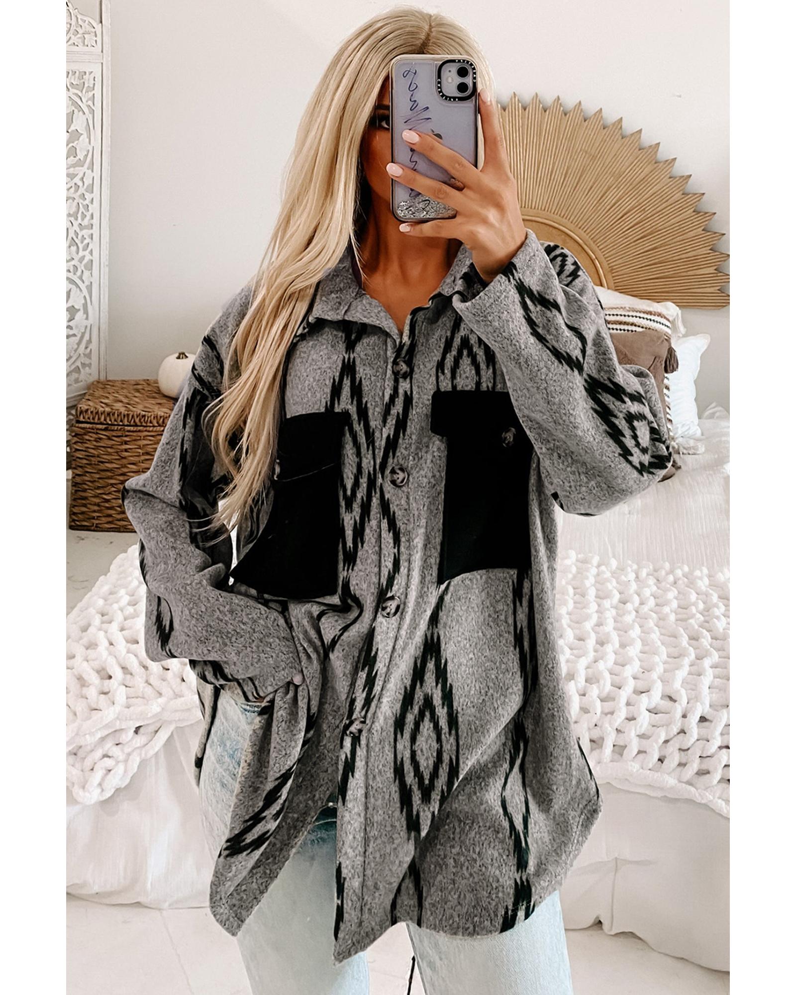 Gray Aztec Contrast Chest Pockets Loose Shacket - L