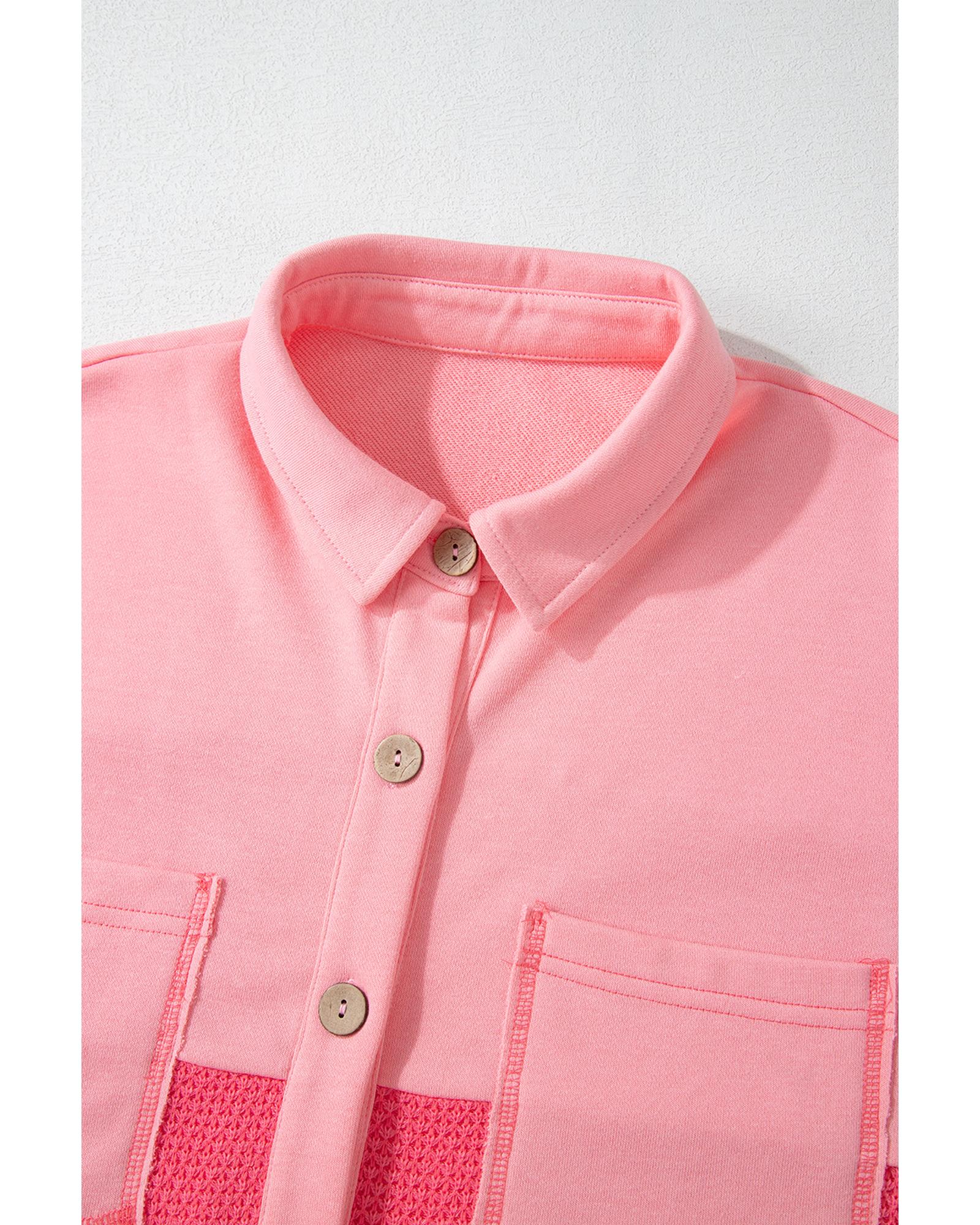 Peach Blossom Two Tone Contrast Waffle Knit Buttoned Loose Shacket - S