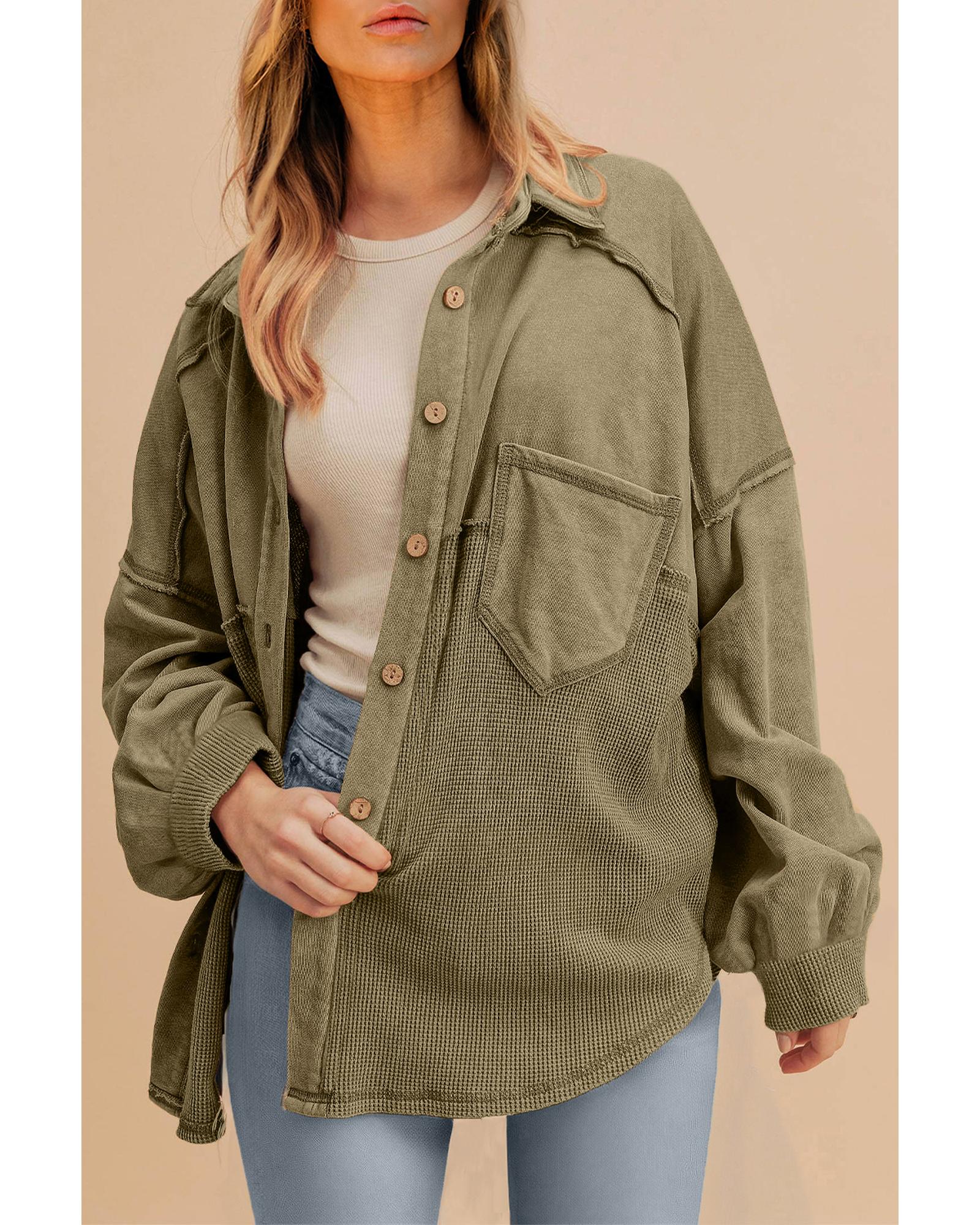 Moss Green Waffle Knit Patchwork Buttoned Oversized Shacket - S