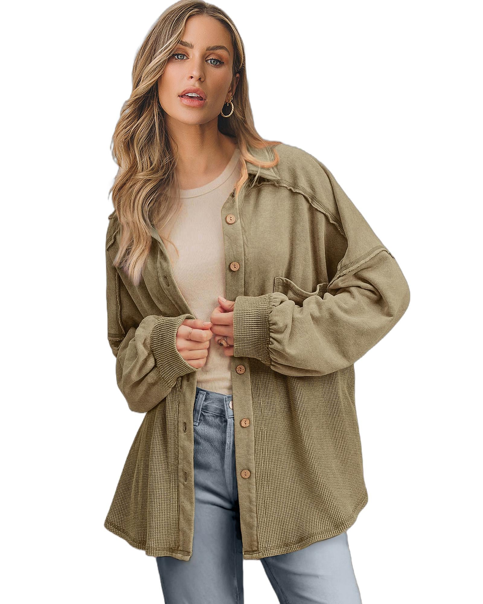 Moss Green Waffle Knit Patchwork Buttoned Oversized Shacket - XL