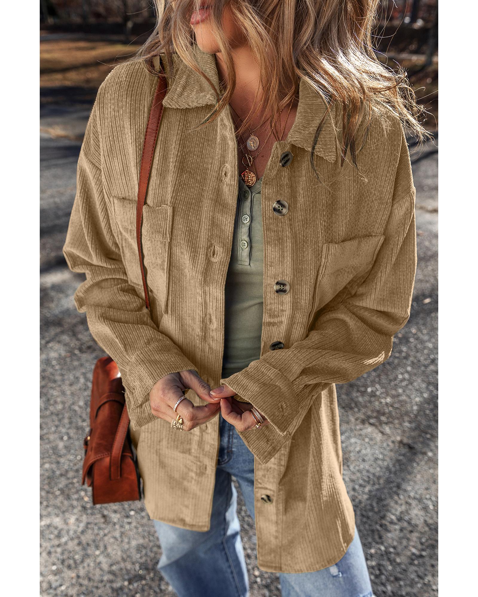 Light French Beige Patched Pocket Button Up Corduroy Shacket - S