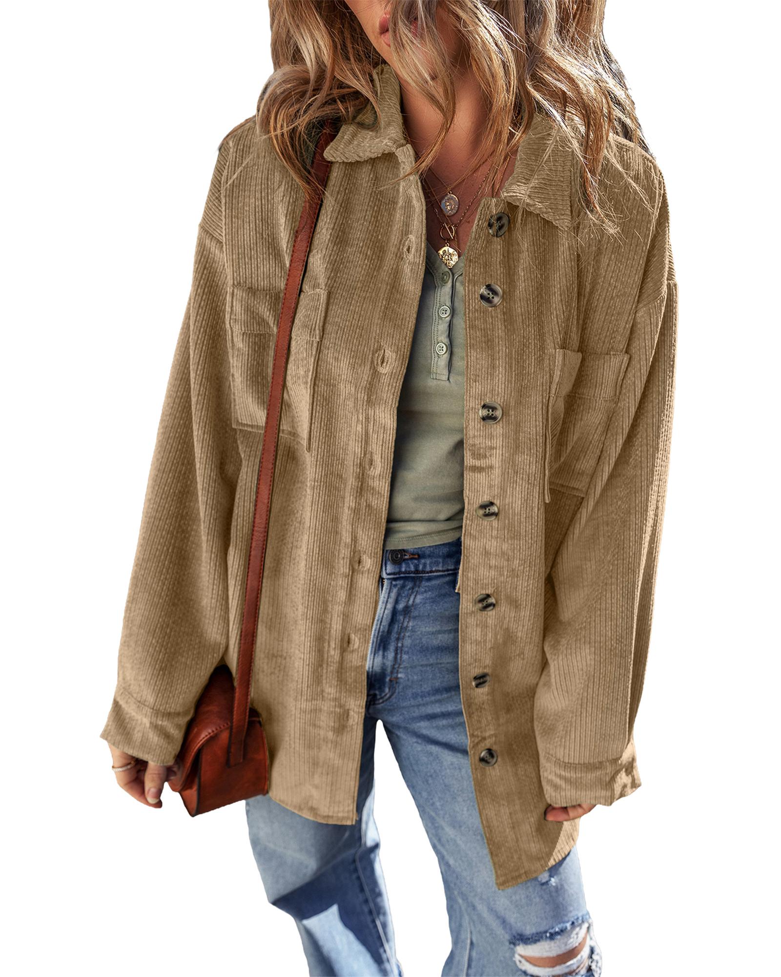 Light French Beige Patched Pocket Button Up Corduroy Shacket - XL