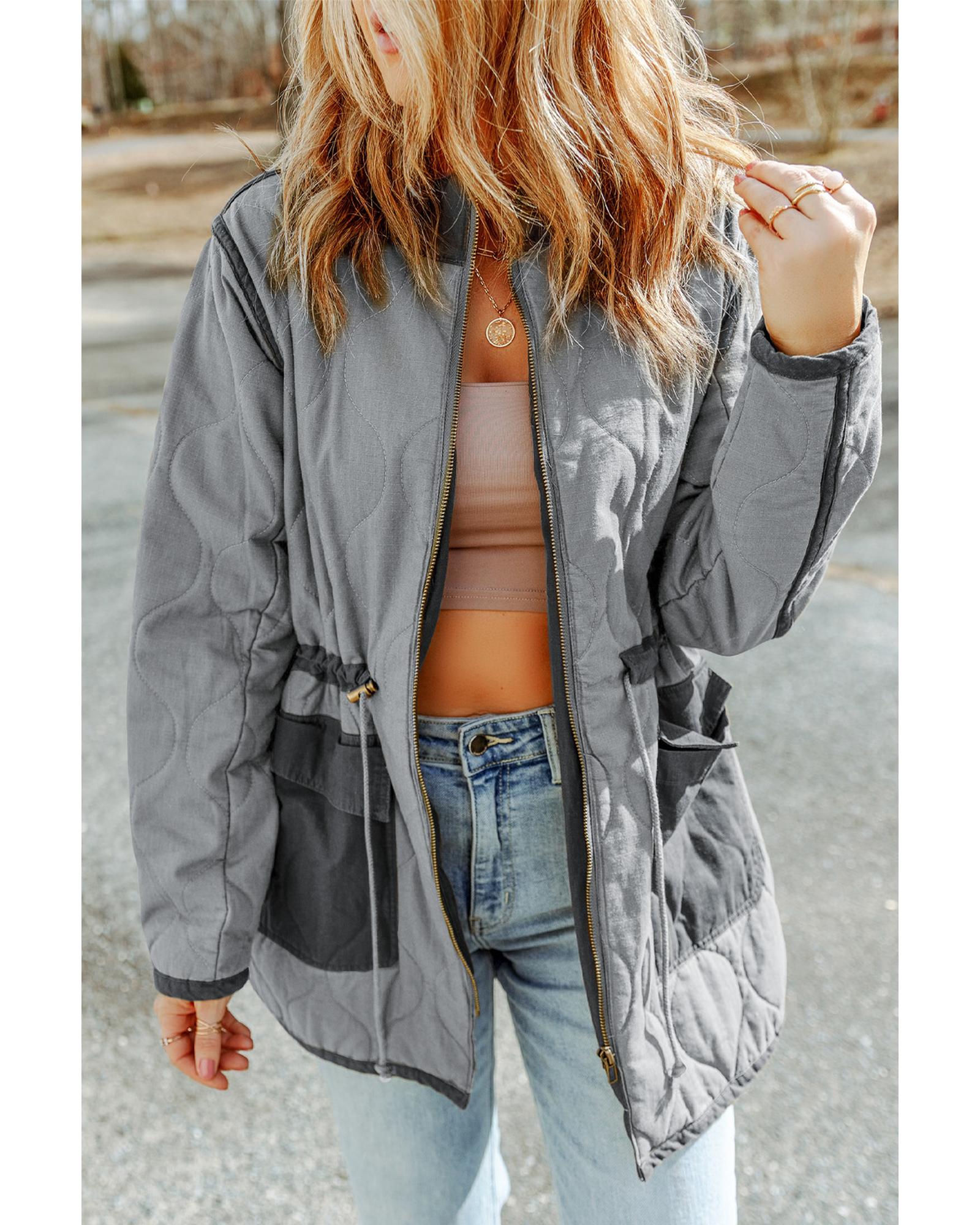 Gray Stitching Quilted Drawstring Jacket - L