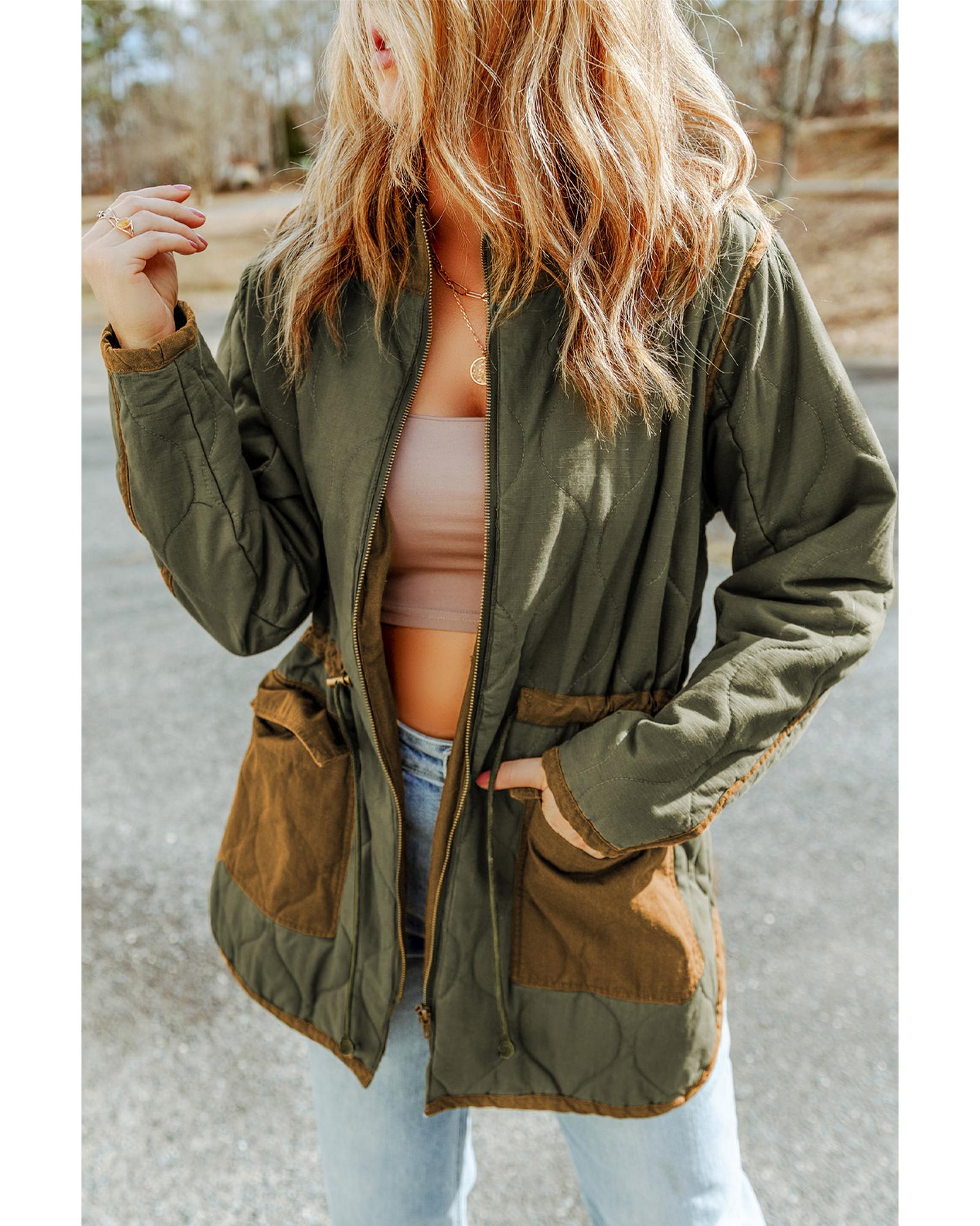 Green Stitching Quilted Drawstring Jacket - L