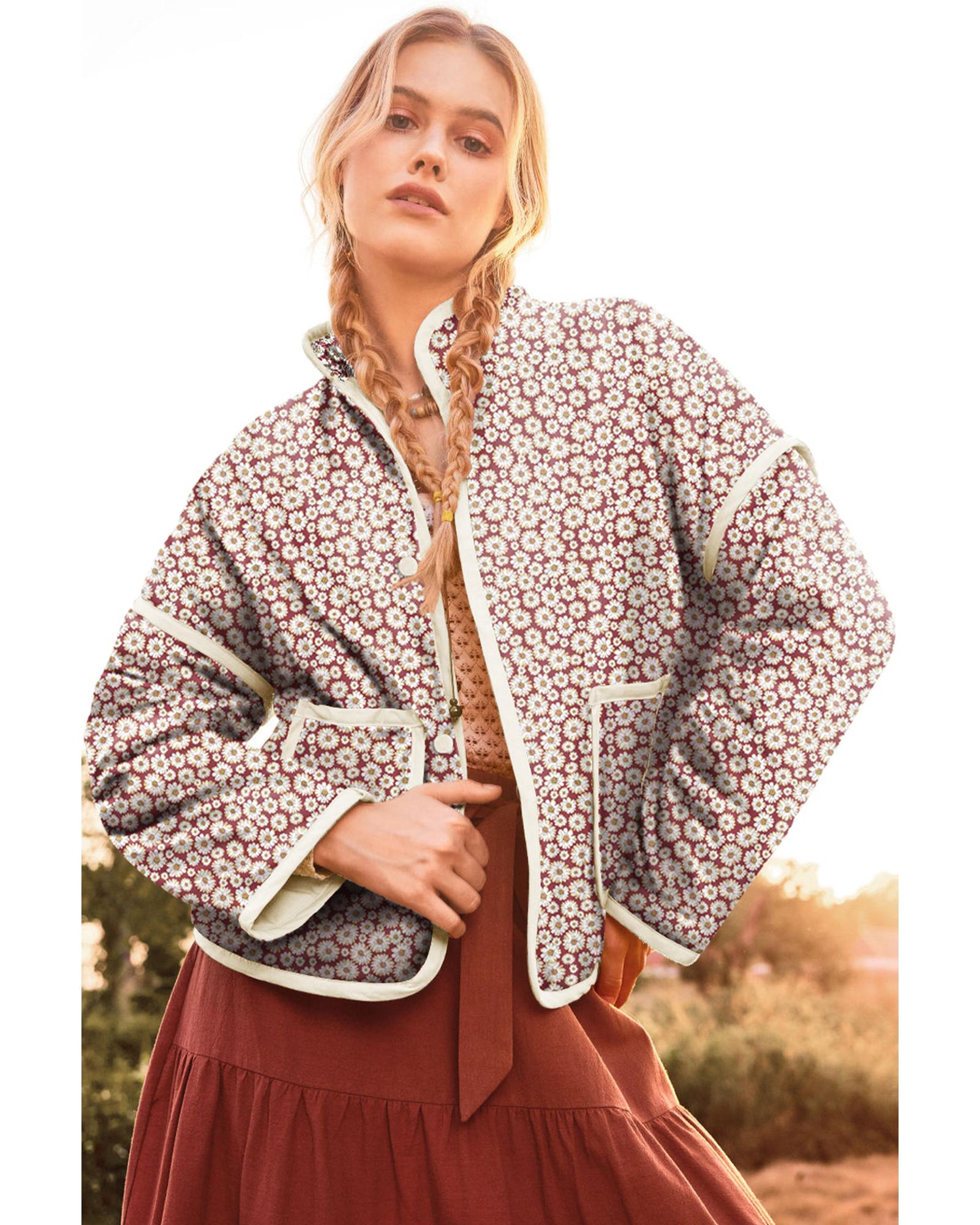 Pink Floral Print Contrast Edge Pocketed Stand Neck Jacket - L