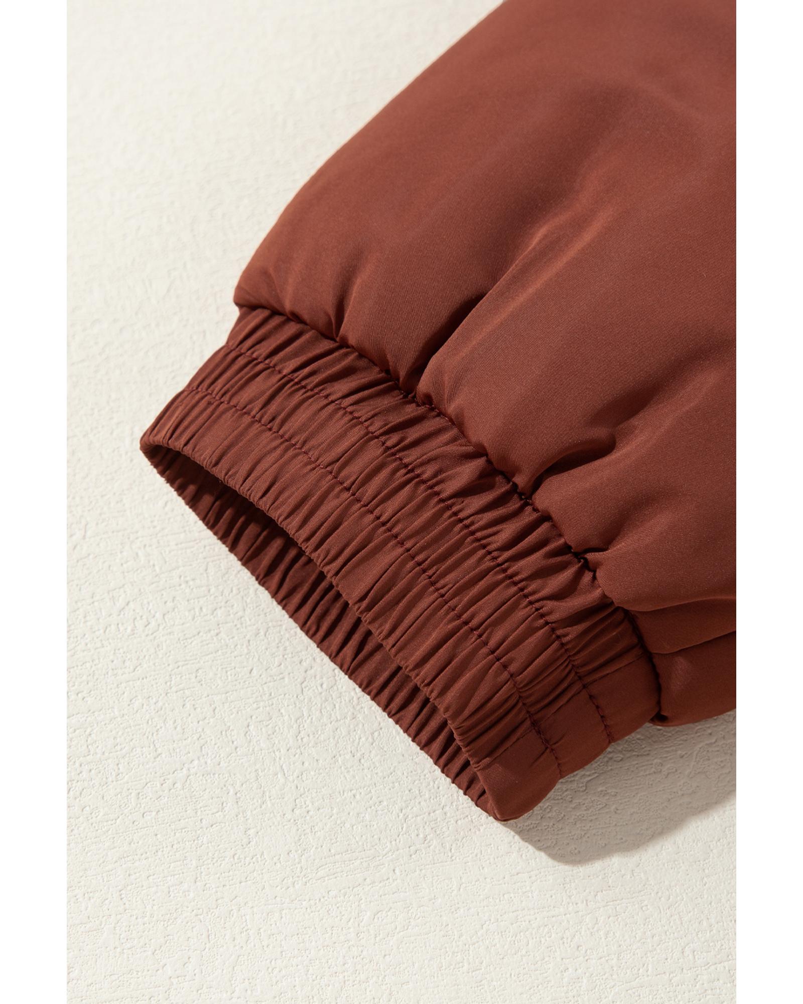 Coffee Quilted Puffer Stand Neck Zipped Mid-length Coat - L