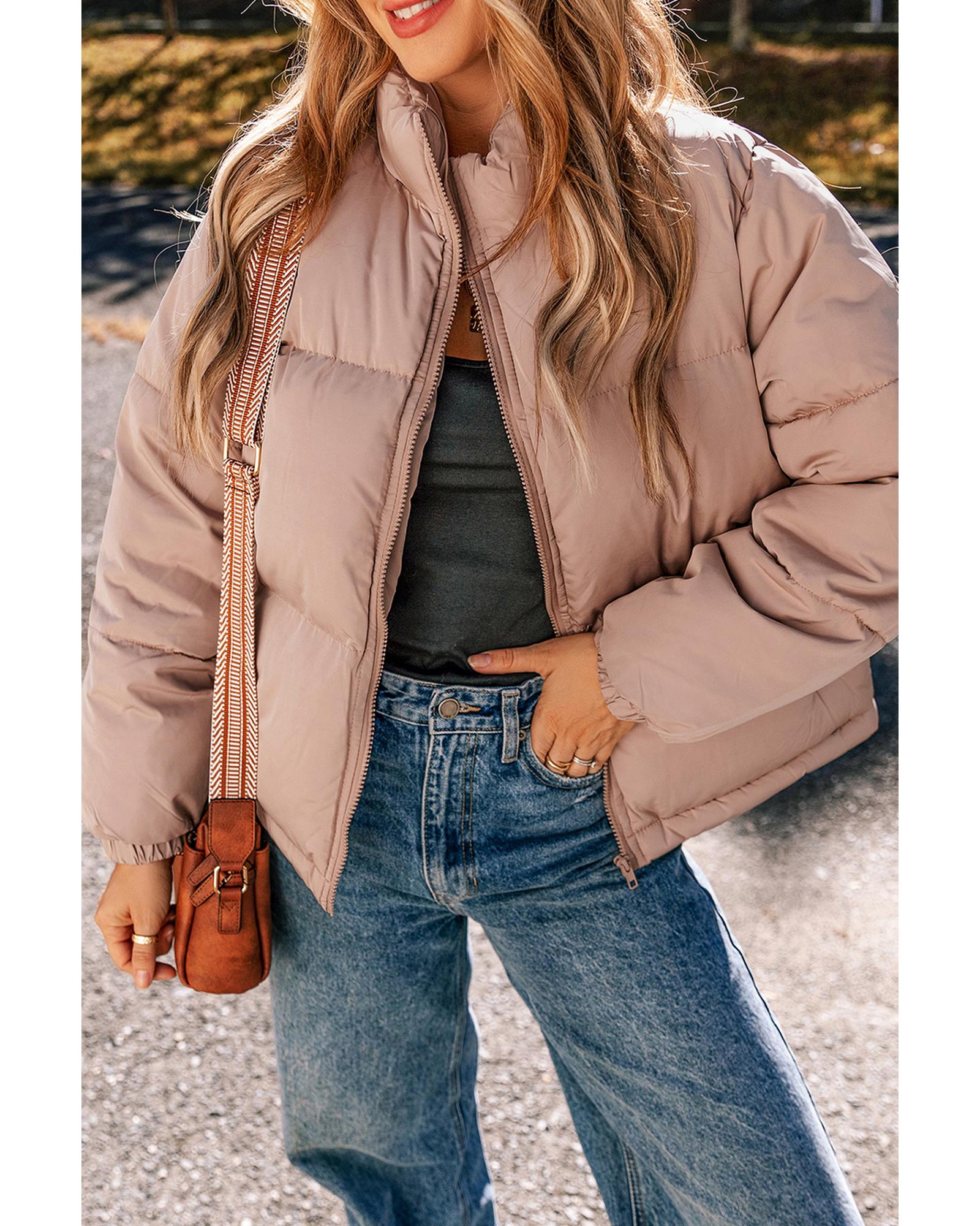 Apricot Pink Full Zipper Quilted Puffer Jacket - M