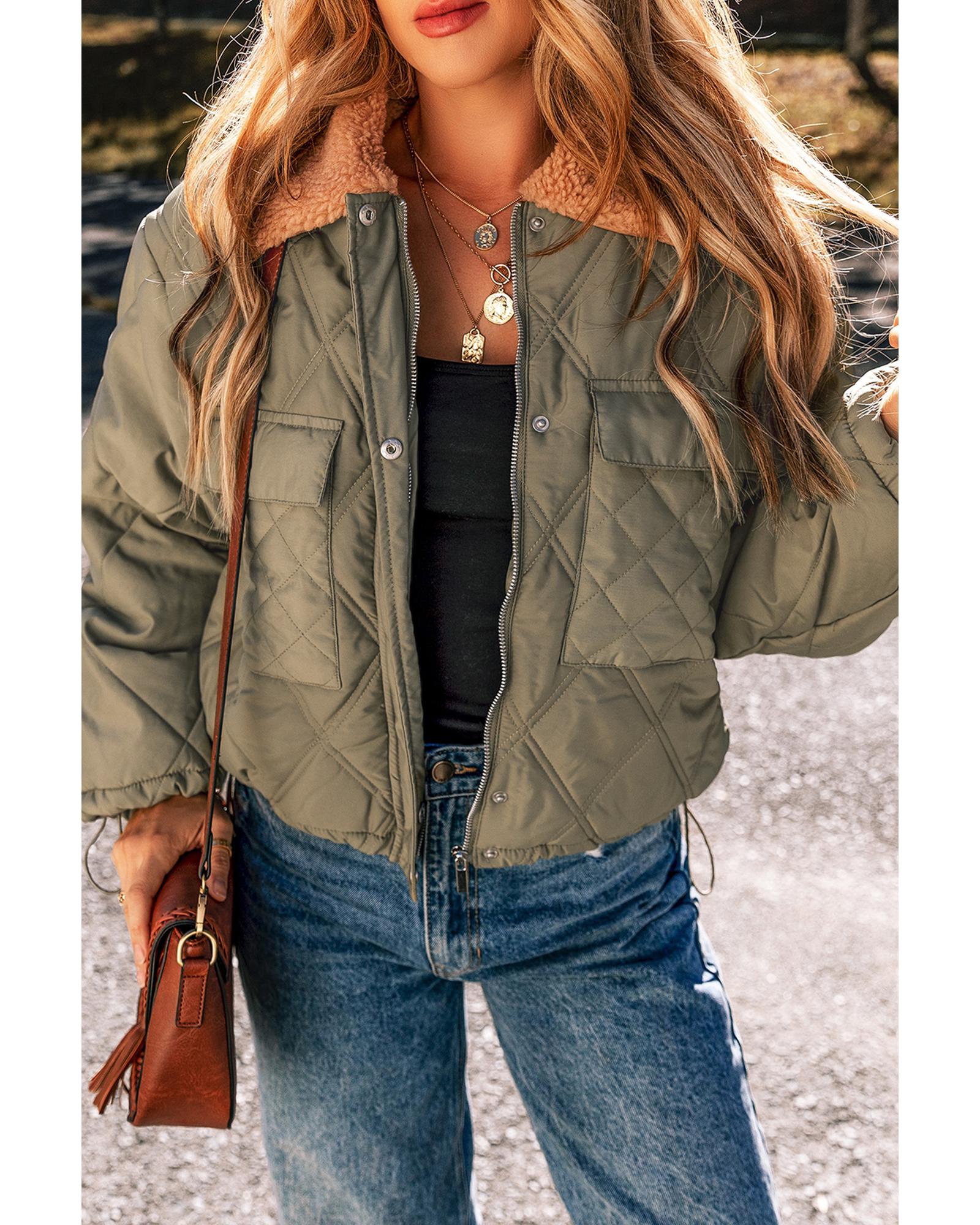 Jungle Green Teddy Collar Flap Pockets Quilted Puffer Jacket - S