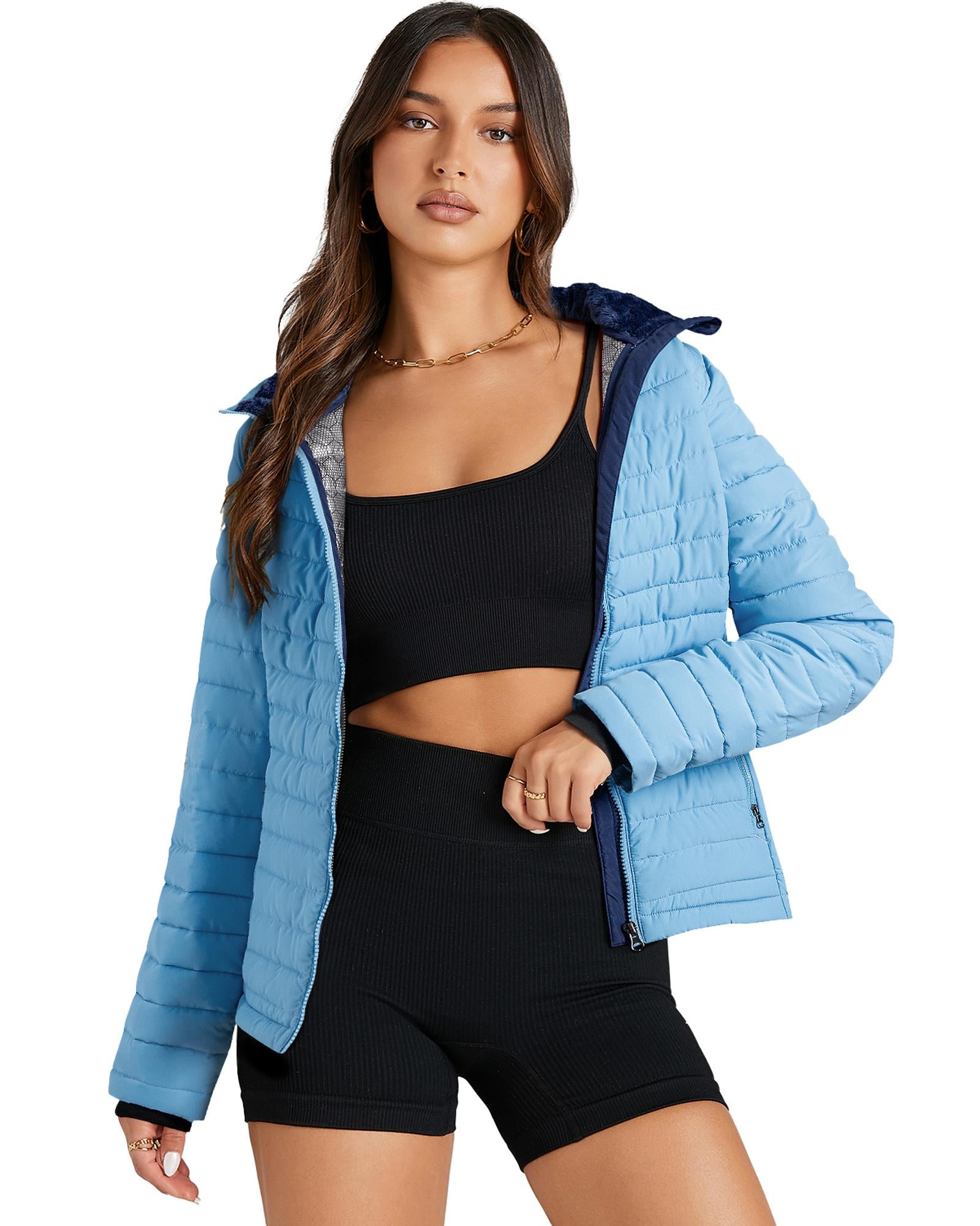 Myosotis Solid Color Quilted Zip-up Puffer Jacket - L