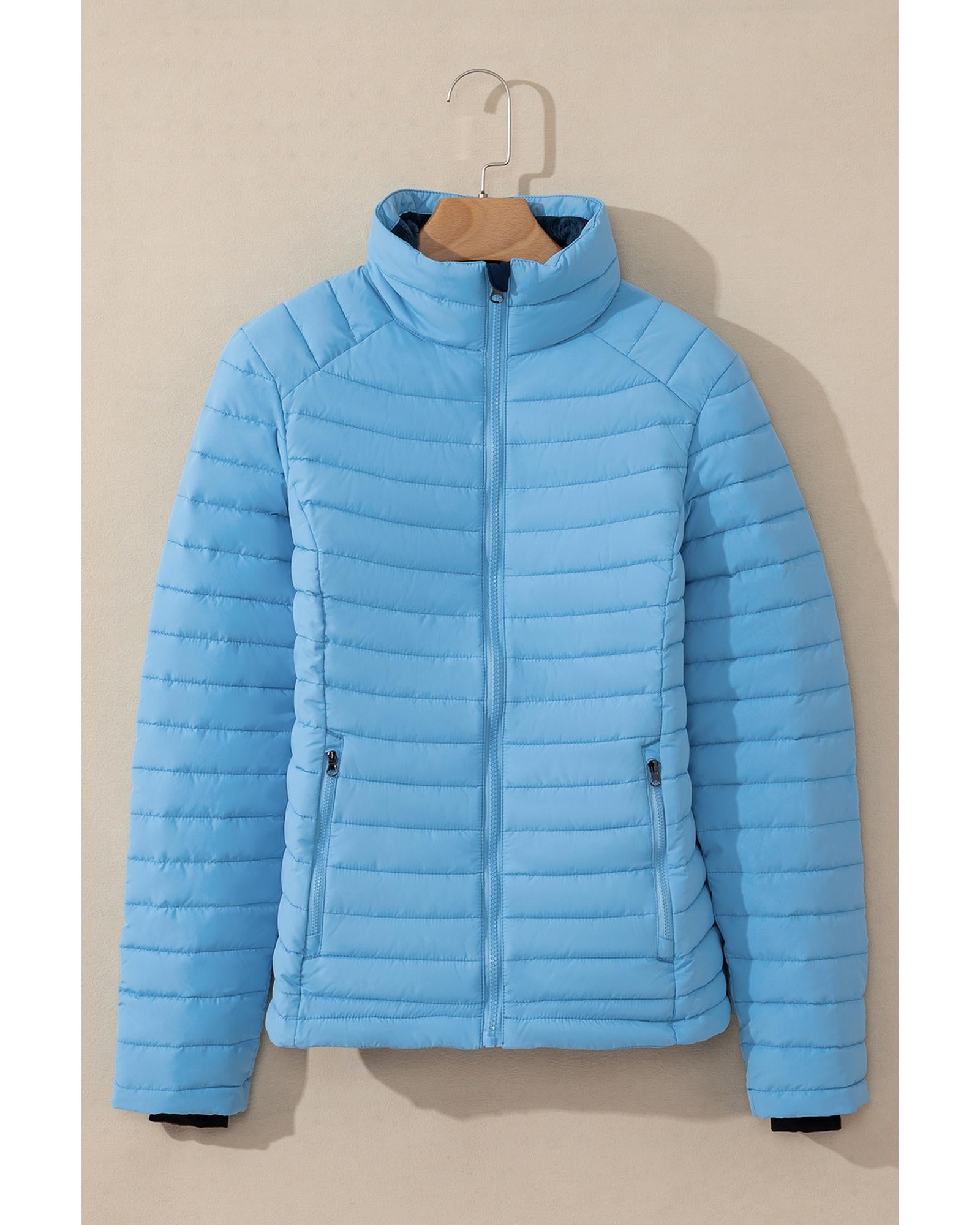 Myosotis Solid Color Quilted Zip-up Puffer Jacket - L