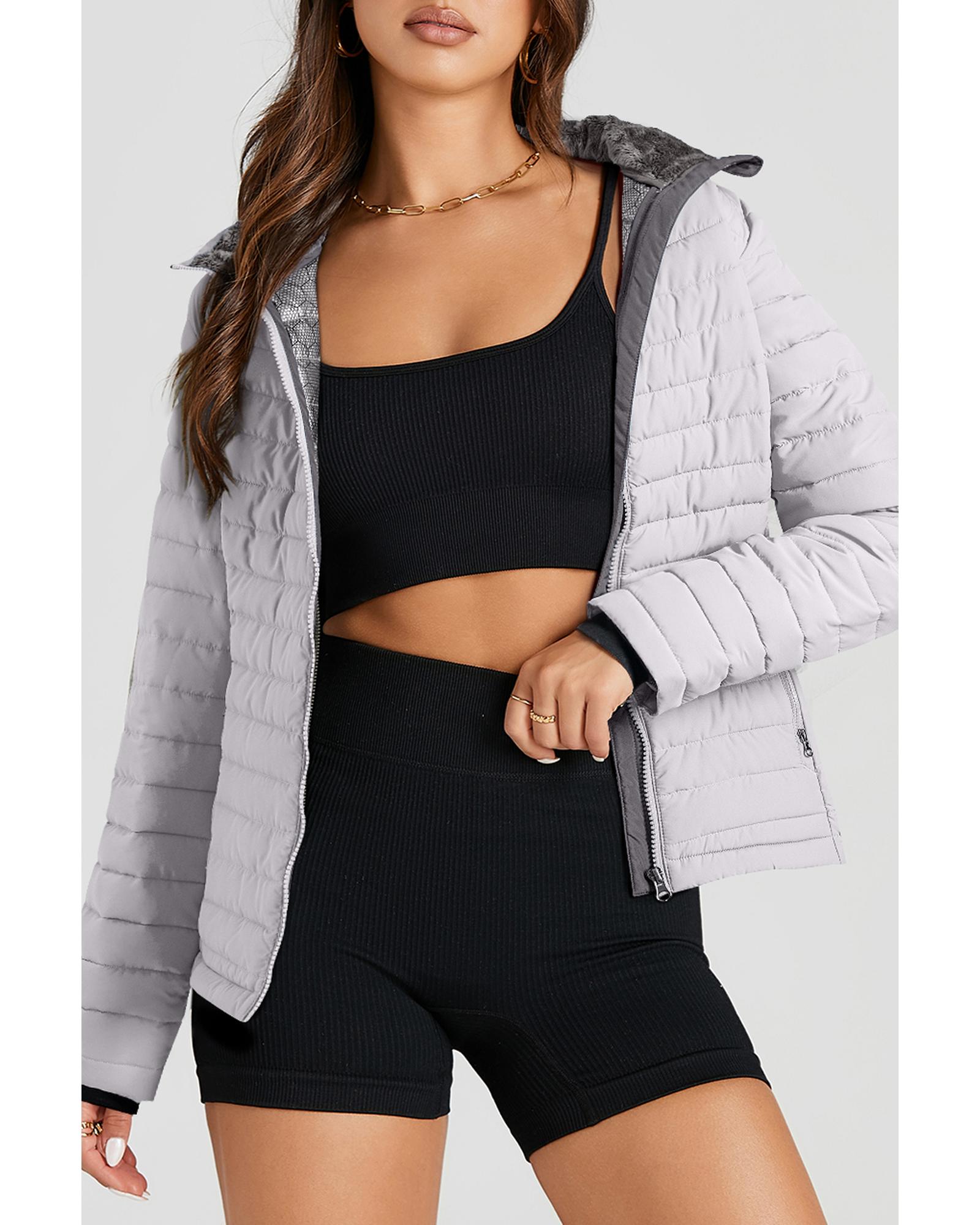 Silvery Solid Color Quilted Zip-up Puffer Jacket - L