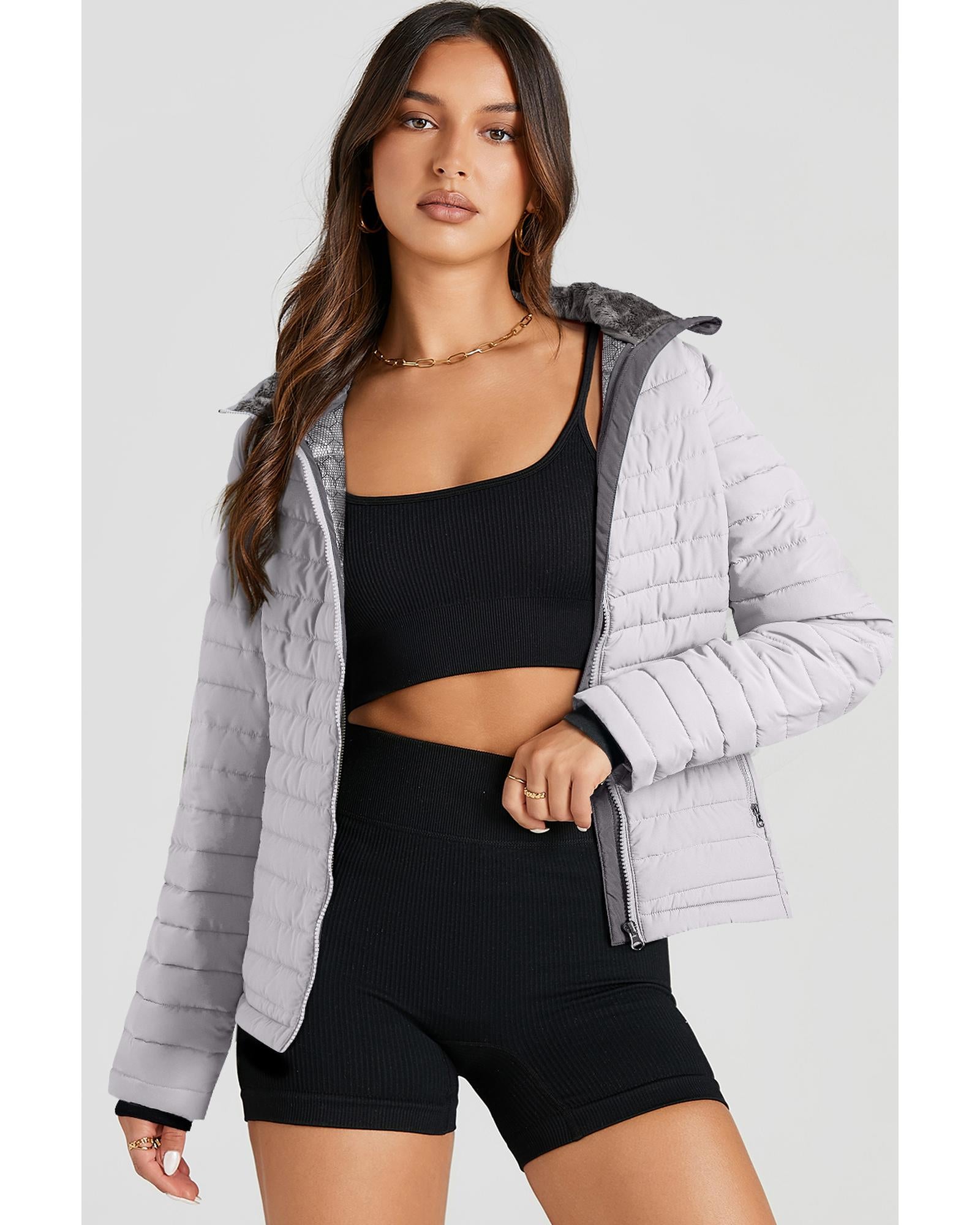 Silvery Solid Color Quilted Zip-up Puffer Jacket - M