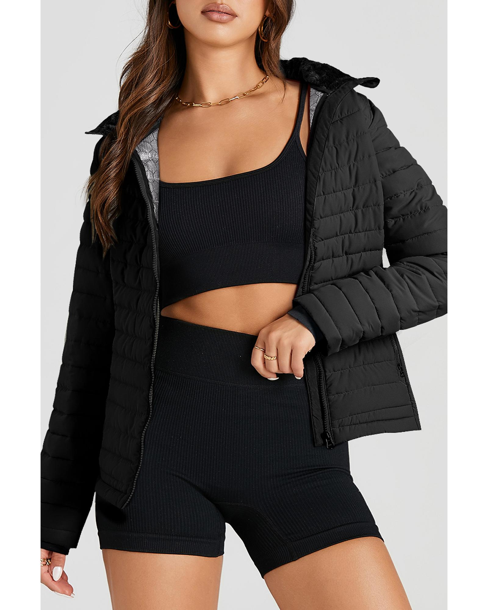 Black Solid Color Quilted Zip-up Puffer Jacket - S