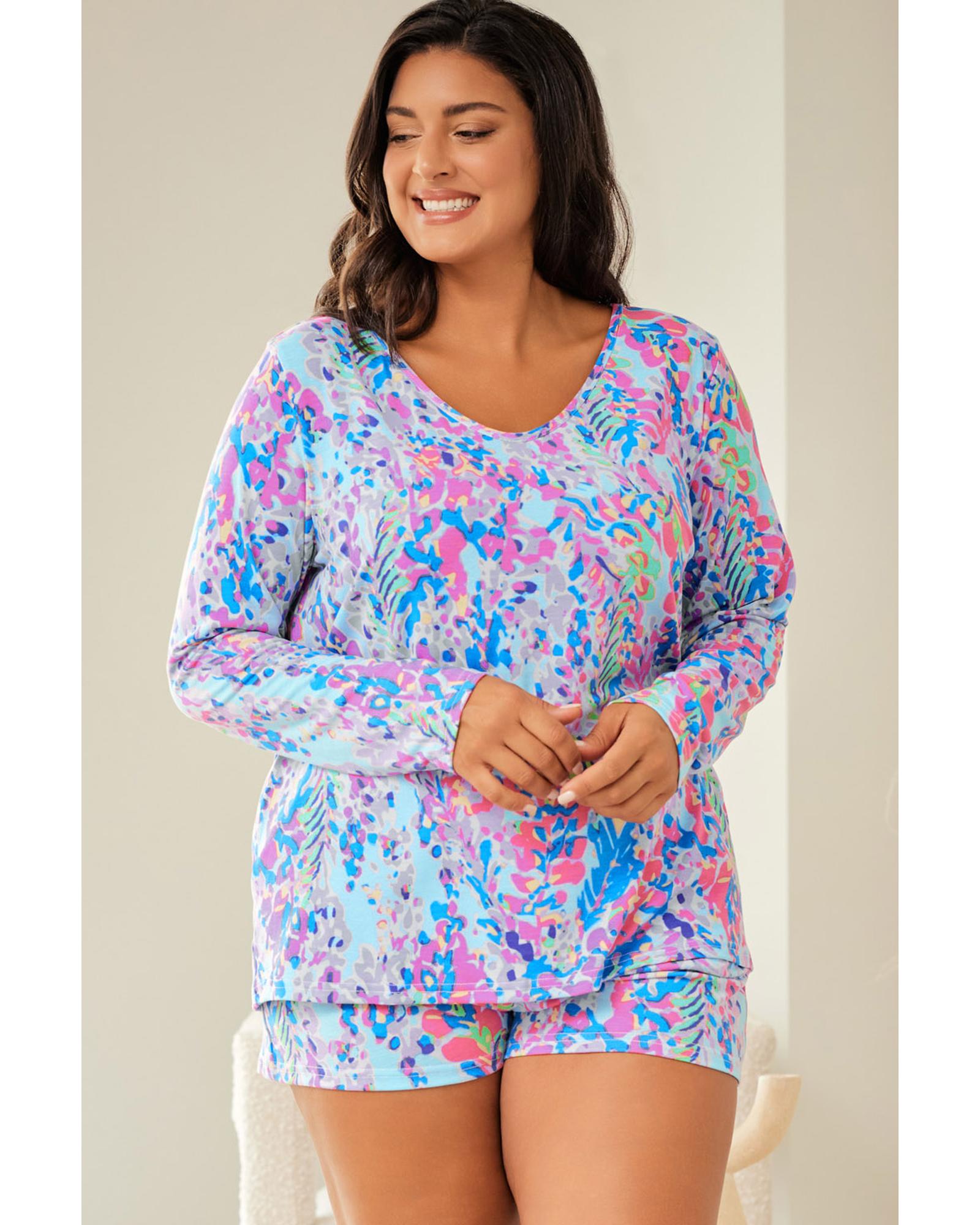 Sky Blue Plus Size Floral Print Long Sleeve and Shorts Lounge Outfit - 1X