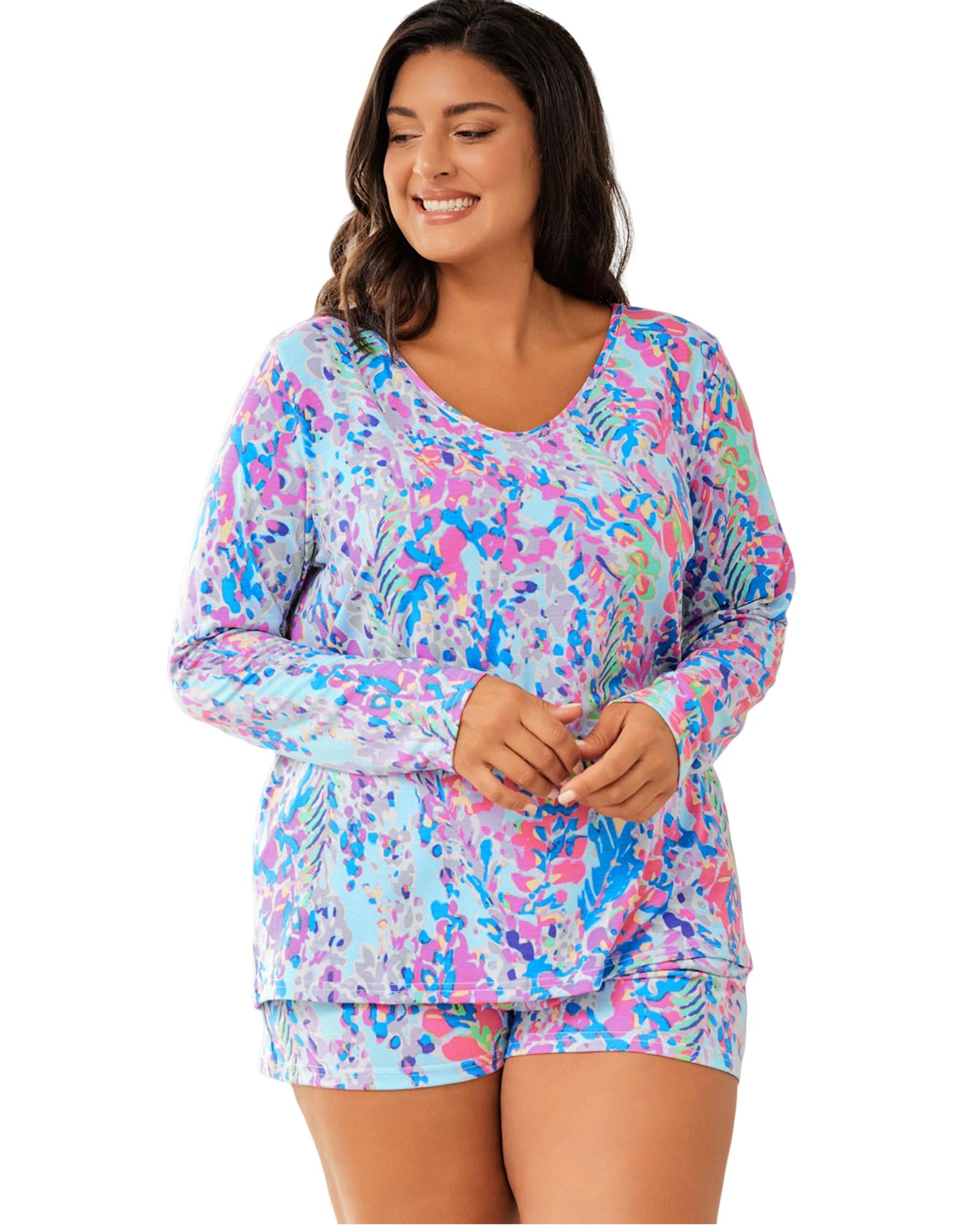 Sky Blue Plus Size Floral Print Long Sleeve and Shorts Lounge Outfit - 1X