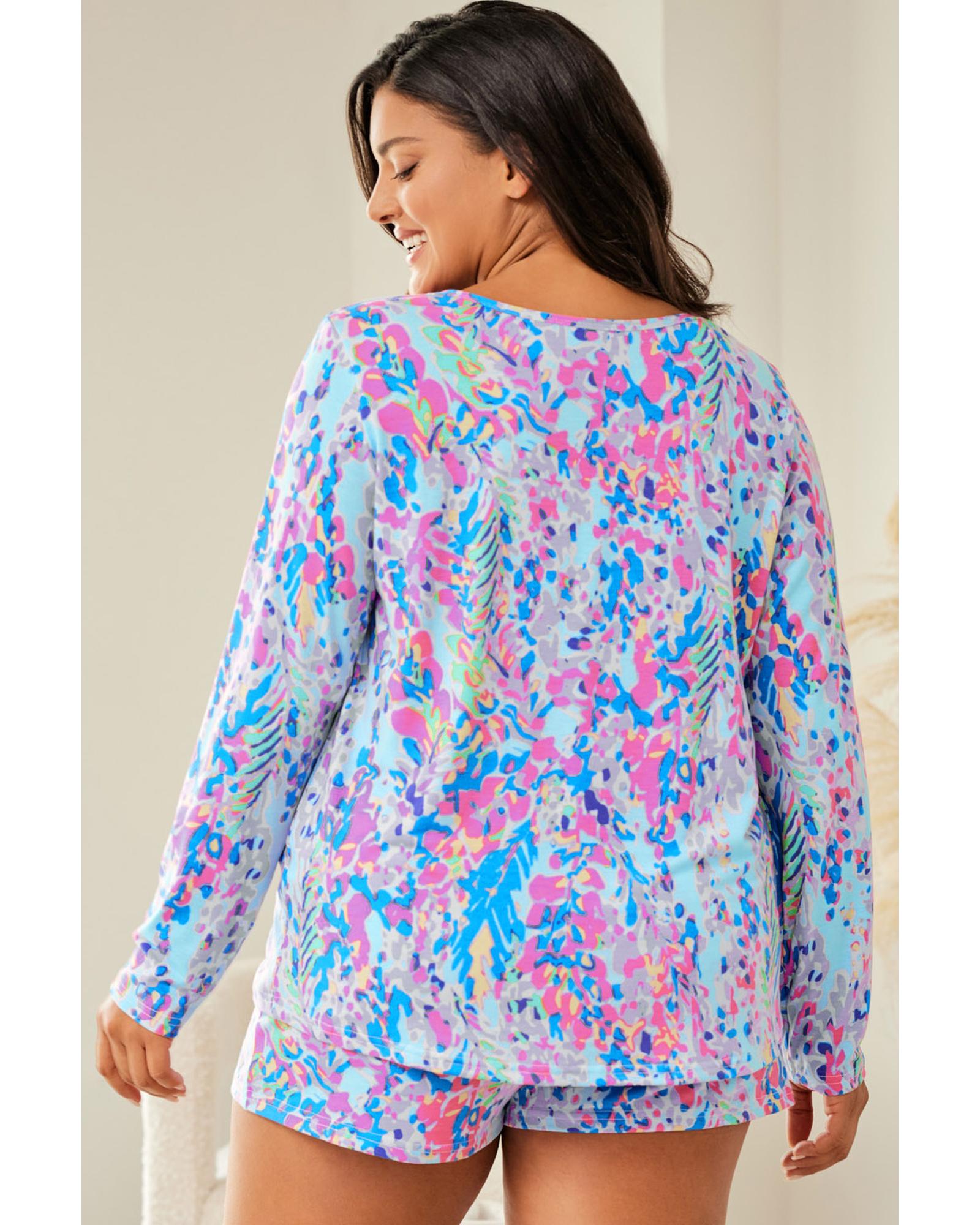 Sky Blue Plus Size Floral Print Long Sleeve and Shorts Lounge Outfit - 1X