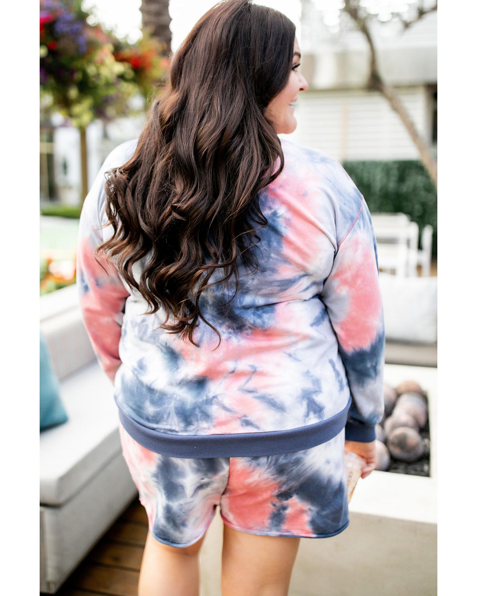 Multicolour Plus Tie Dye Ribbed Trim Top Pocketed Shorts Set - 2X