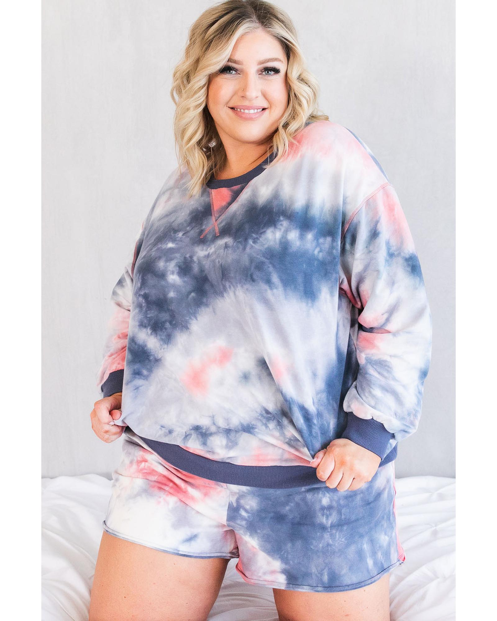 Multicolour Plus Tie Dye Ribbed Trim Top Pocketed Shorts Set - 2X