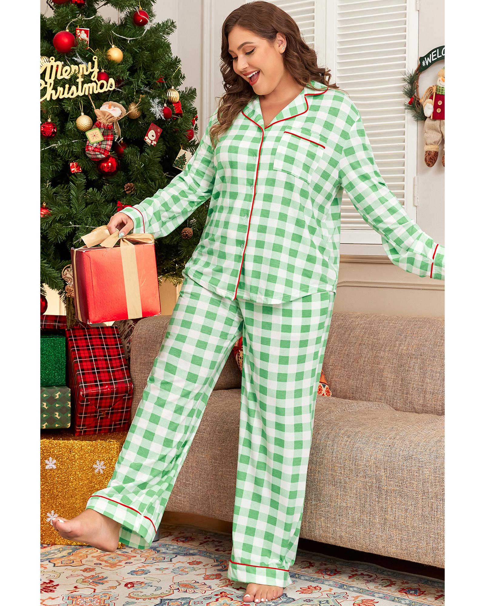 Green Plaid Print Contrast Trim Long Sleeve Plus Size Pajama Set - 3X