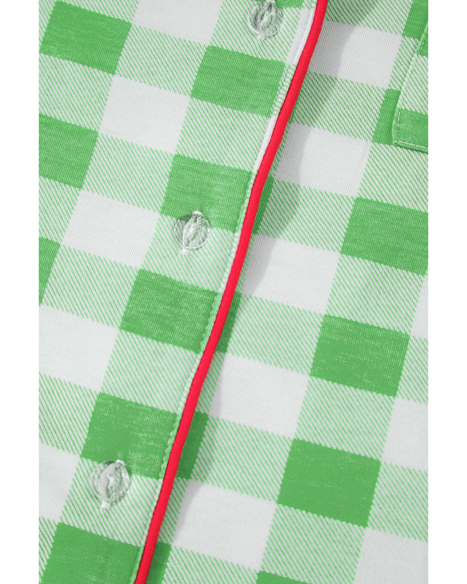 Green Plaid Print Contrast Trim Long Sleeve Plus Size Pajama Set - 3X