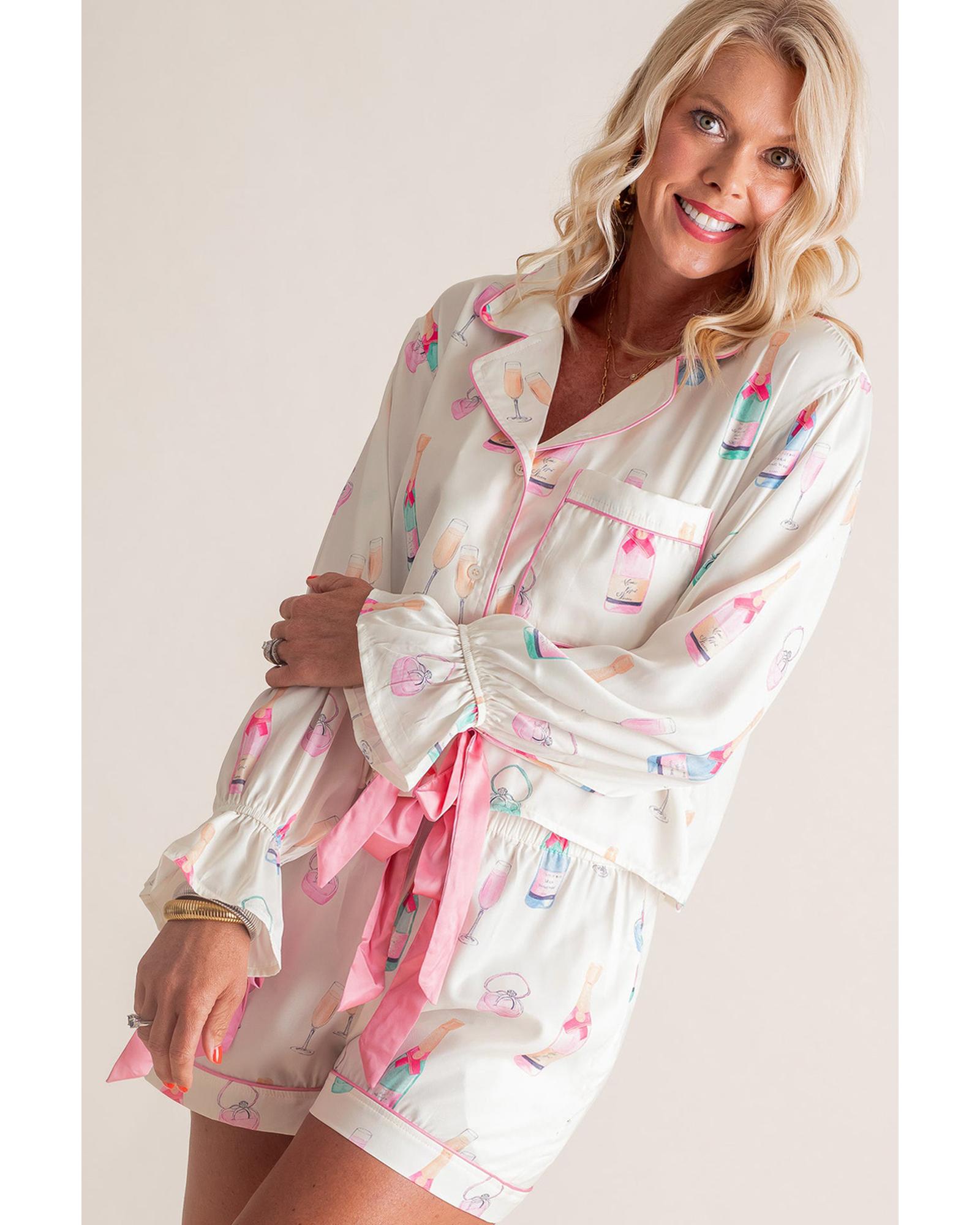 White Plus Size Wine Glass Print Bow Knot Pajama Set - 1X