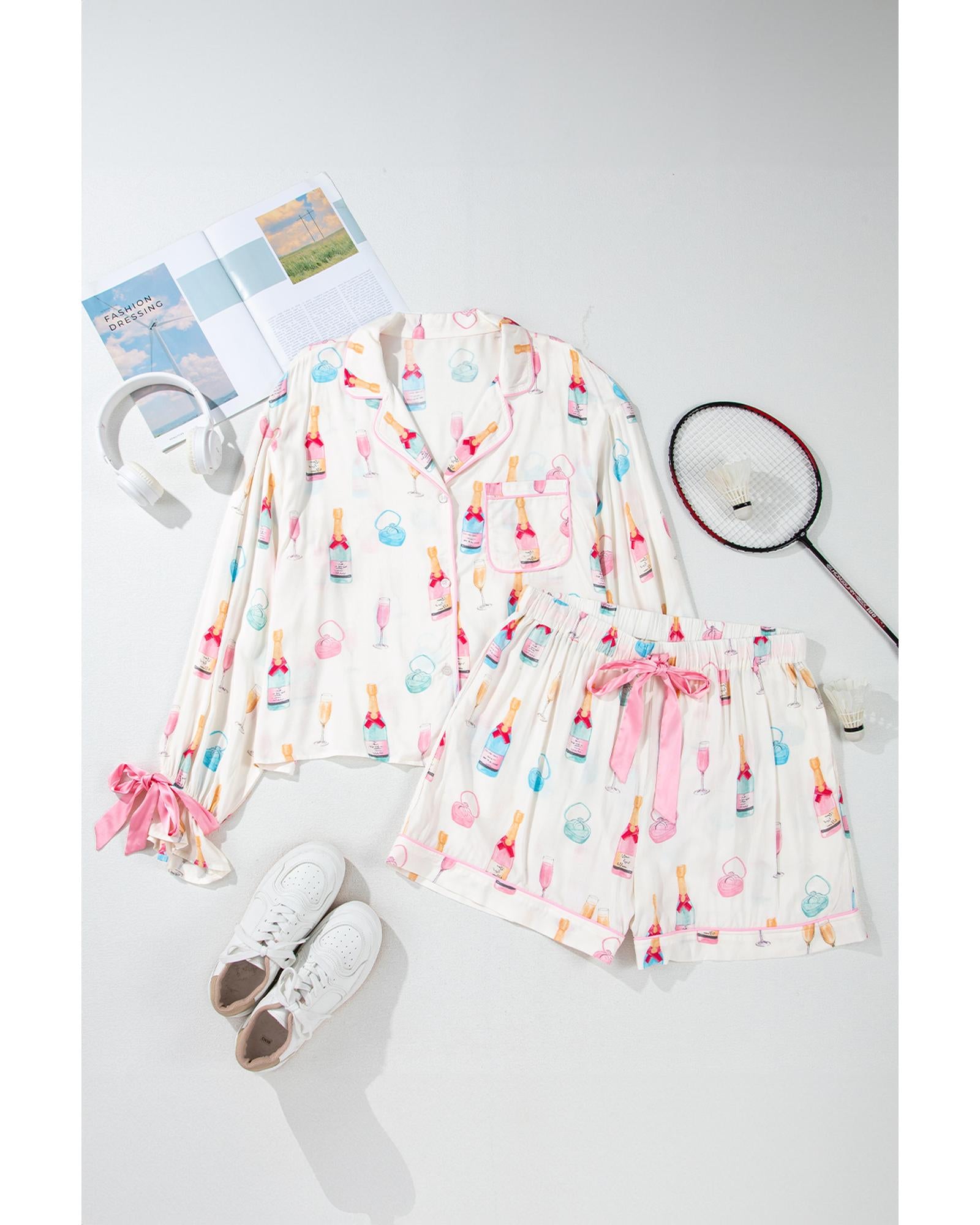 White Plus Size Wine Glass Print Bow Knot Pajama Set - 2X